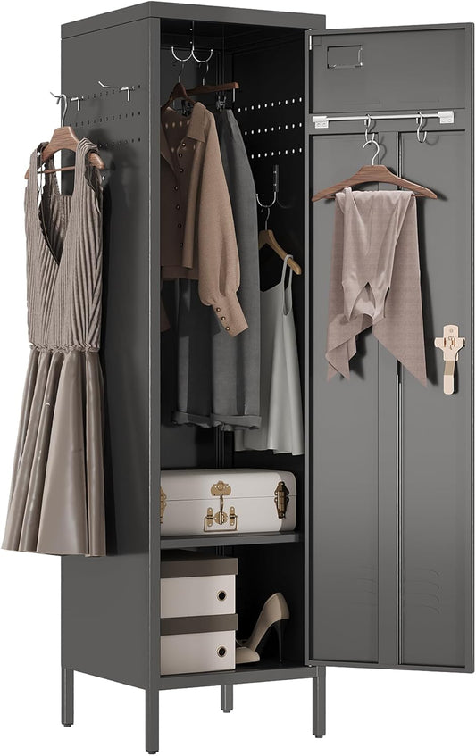 METAN Metal Storage Lockers with 1 Door and 1 Adjustable Shelf,55''H*15''W*15''D Steel Lockers with Hooks for School,Home,Office,Gym,Assembly Required,Black