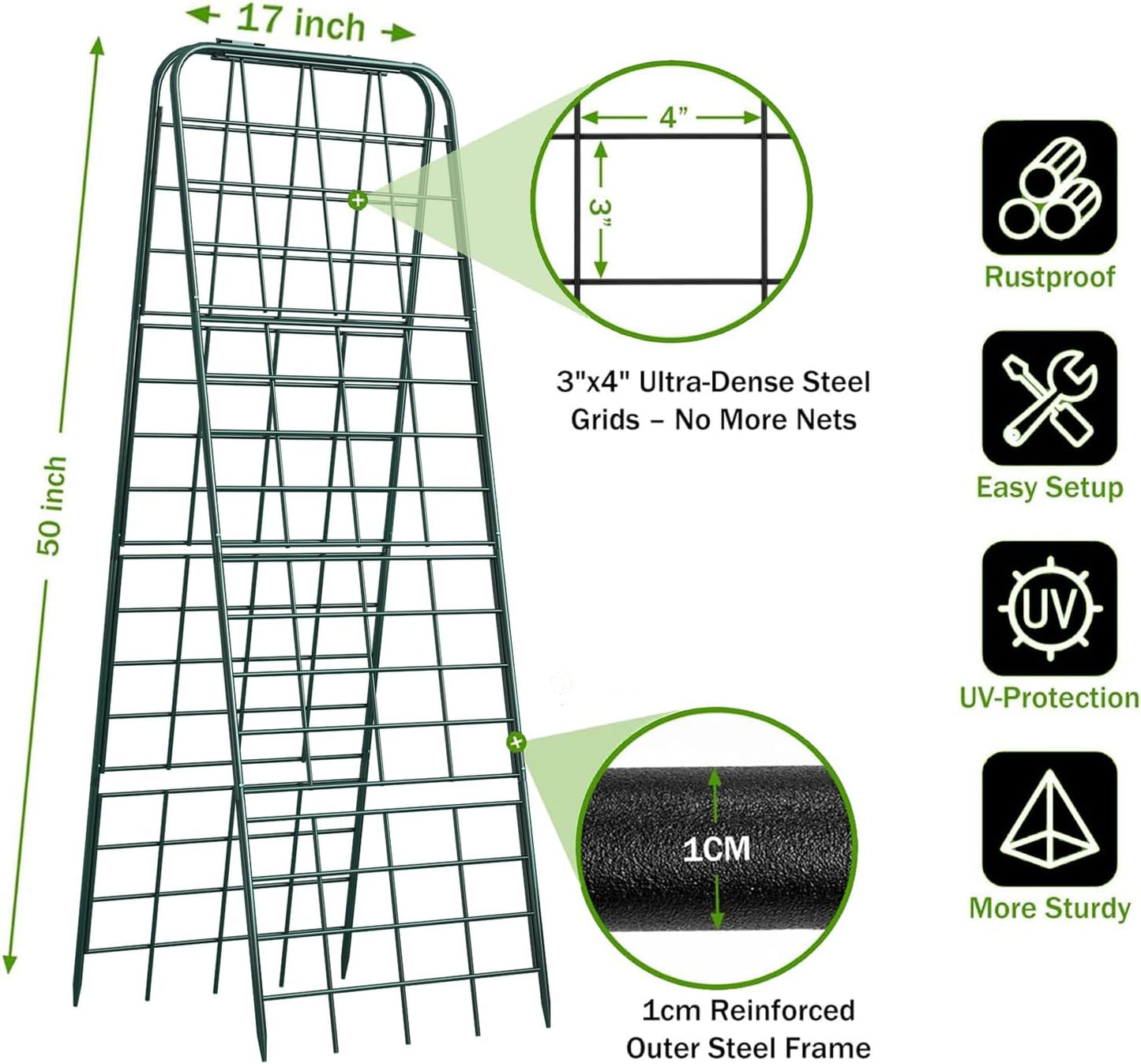 Heavy Duty 50"x17" Adjustable A-Frame Trellis for Climbing Plants – Rust-Proof Metal Garden Trellis with Dense Grid Design, Perfect for Raised Beds, Tomatoes, Cucumbers & Outdoor Vines (Green, 1 Pcs)