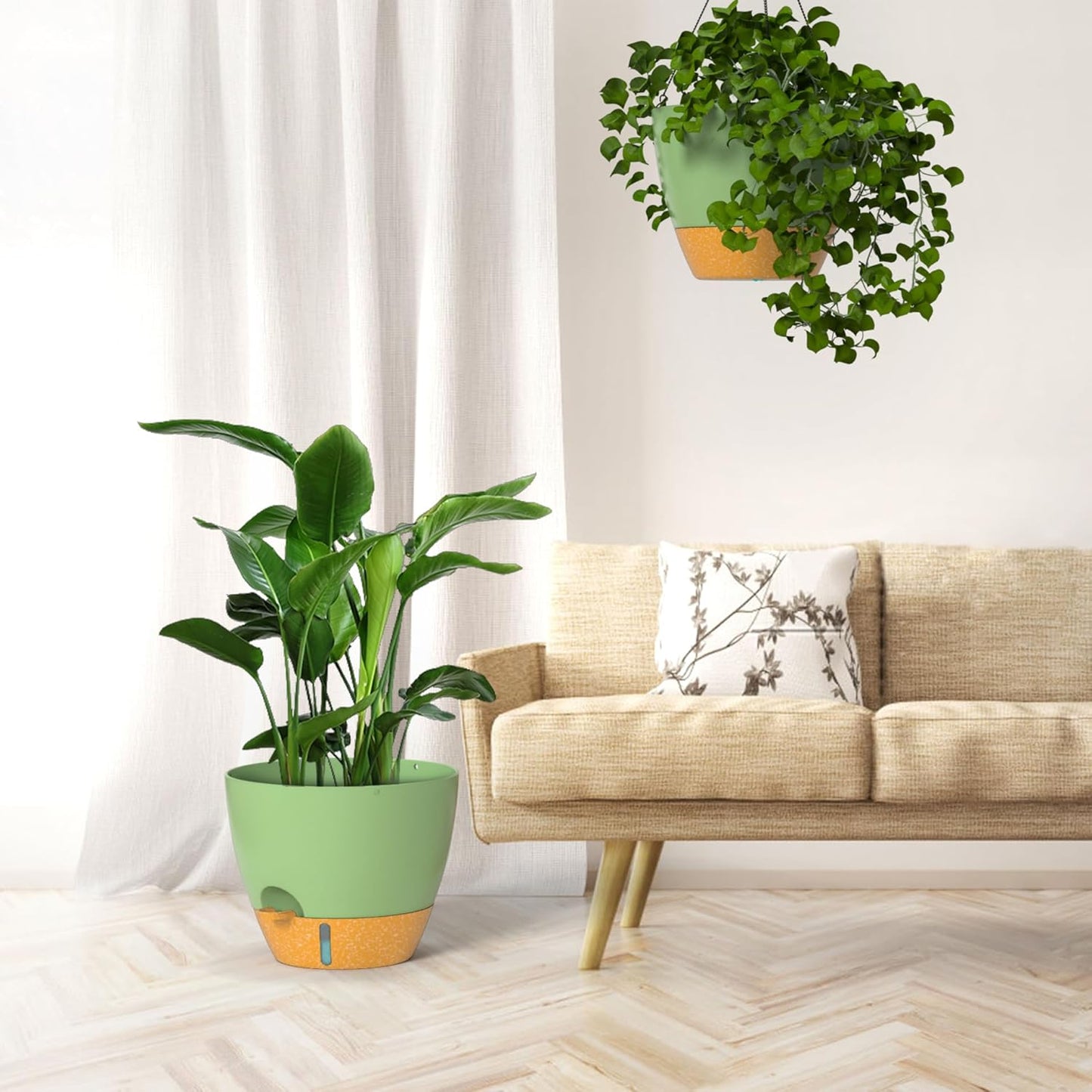 ZMTECH 12 Inch Hanging Planters for Indoor Outdoor Plants, 2 Pack Self Watering Hanging Plant Pots with Drainage Hole, Visual Reservoir, Plastic Flower Hanging Pots with Watering Lip (Green)