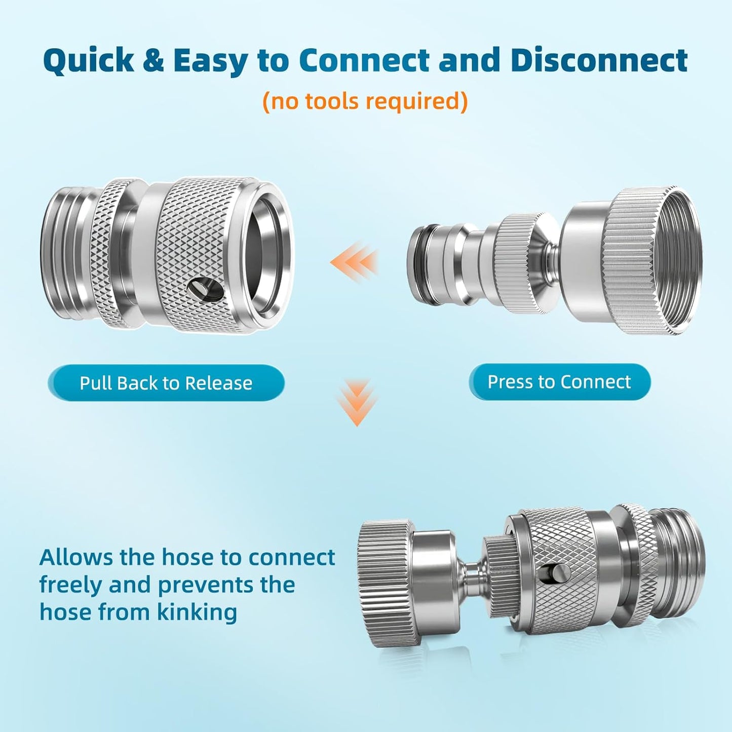 Hibbent Swivel Garden Hose Quick Connector, 360° Rotatable Faucet Hose Quick Connect Fitting, Solid Brass 3/4 Inch GHT Thread, Female and Male Adapter (2 Sets)