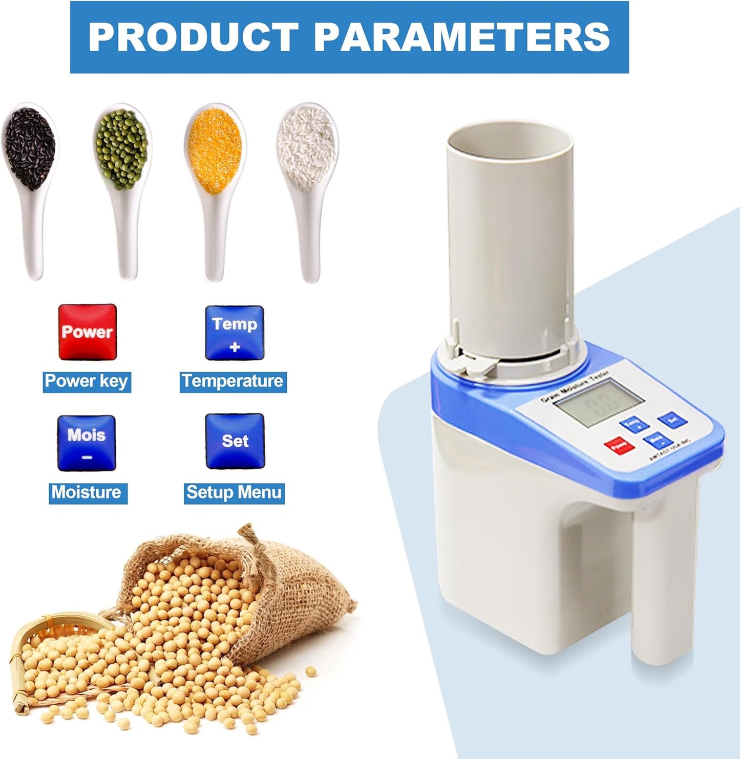 Grain Moisture Meter High Precision Grain Moisture Tester with Temperature Compensation and Data Storage Seed Moisture Meter for 16 Grains including Wheat, Corn, Coffee and More