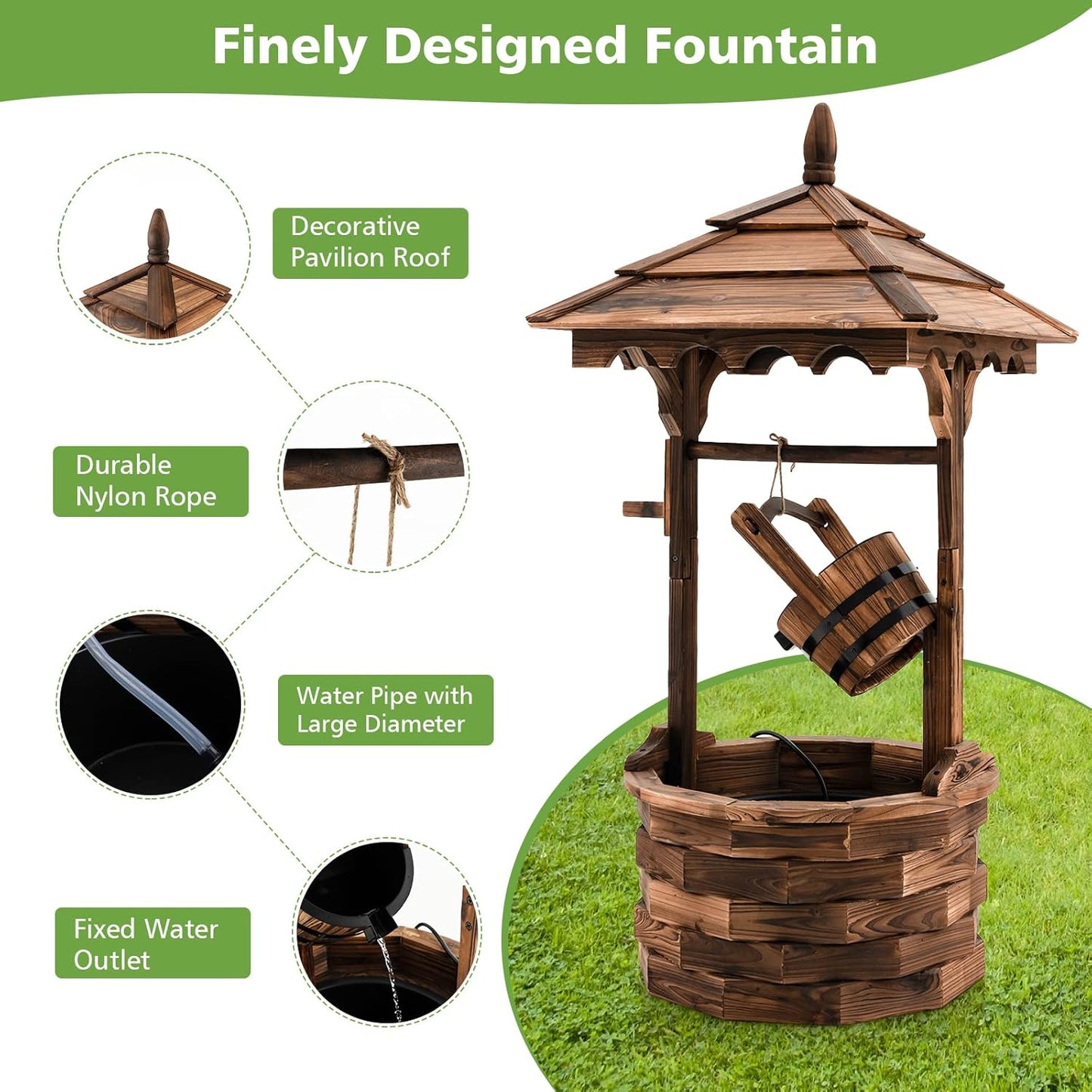 Giantex Rustic Wishing Well Fountain, Outdoor Wooden Water Fountain with Electric Pump, 5 Adjustable Water Flow Rates, Water Bucket, Freestanding Decorative Wishing Well for Backyard Patio Garden