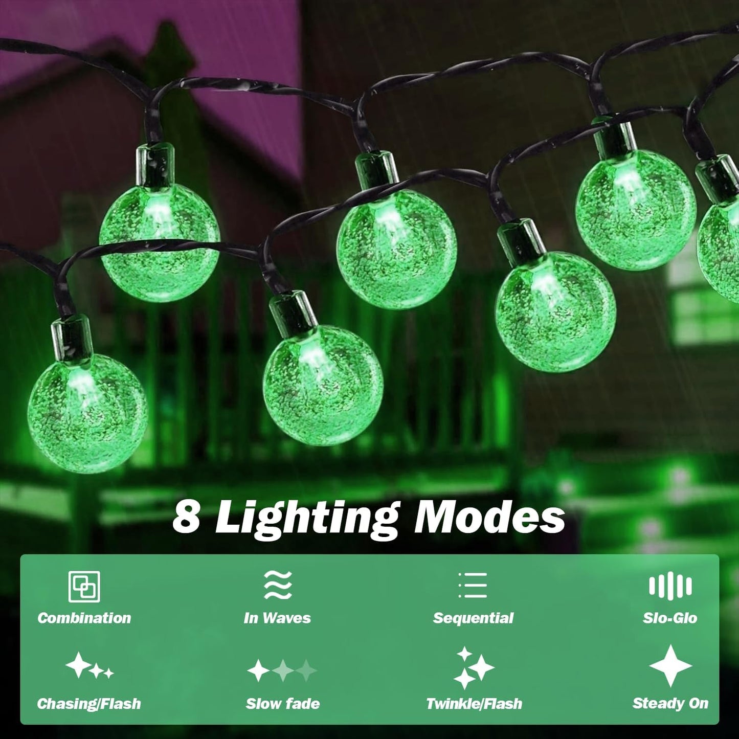 Solar Lights Outdoor Waterproof, 2 Pack Total 200LED 110FT Solar String Lights for Outside with 8 Modes, Outdoor String Lights Crystal Globe Patio Lights for Garden Yard Party Decor(Green)