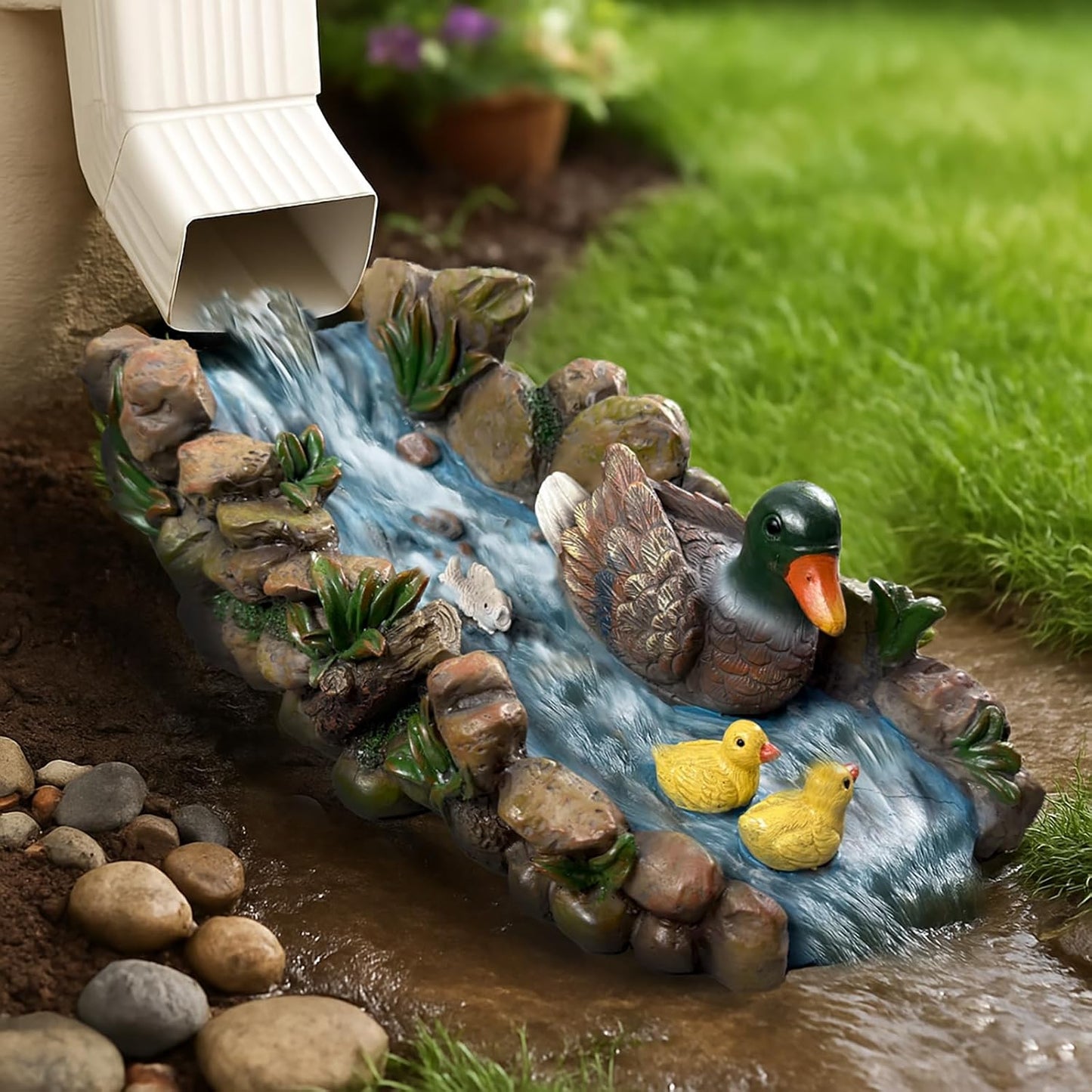 Ducks Splash Block - Decorative Resin Gutter Downspout Diverter, 13.3” x 6.3” x 5.9”, Durable Water Flow Protector for Yard, Garden & Patio, Functional Outdoor Ducks Statue for Rainwater Drainage