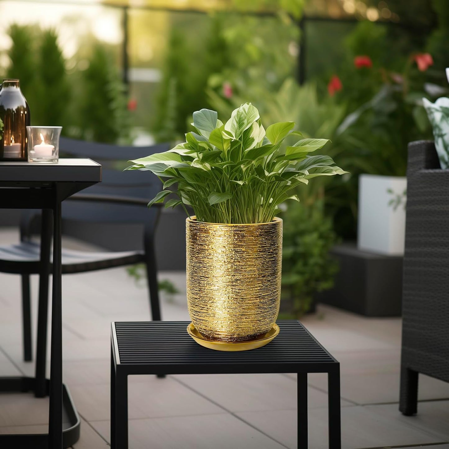 Indoor Plant Pot 8 Inch - Ceramic Planter for Indoor Outdoor Flowers, Round Modern Flower Pot with Drainage Hole and Saucer, Gifts for Plants Lovers, Garden Room Decor, Gold