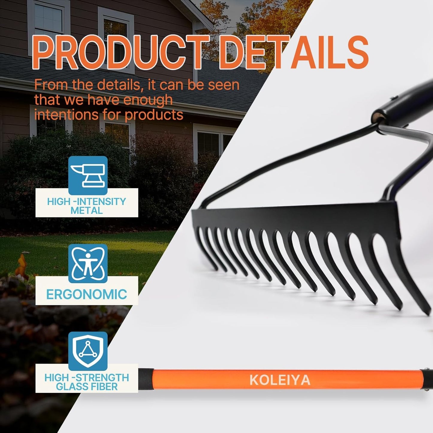 Garden Rake Heavy Duty with Orange Fiberglass Handle - 14-Tooth Metal Yard Hard Rake for Gardening, Farming, and Yard Work ,57 Inch