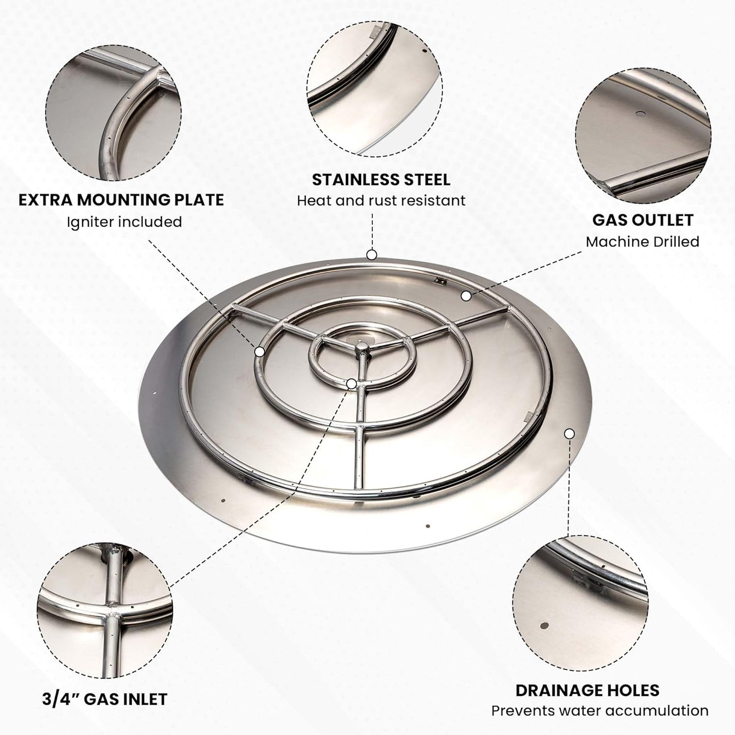 Stainless Steel Fire Pit Burner Pan & Ring Pro Kit for Natural Gas, 36-Inch Pan, 30-Inch Ring, 250,000 BTU Max