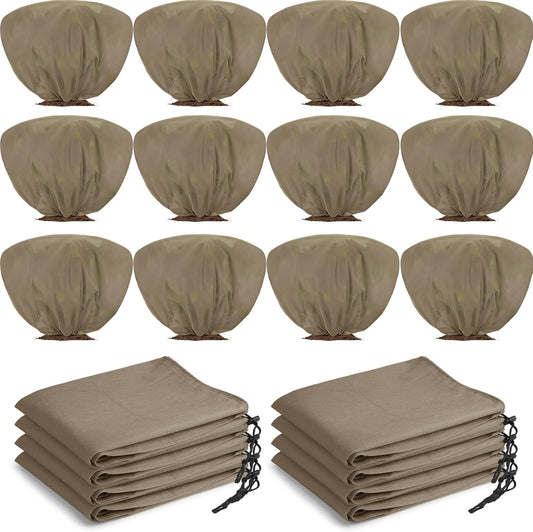 12 Pcs Winter Plant Covers Freeze Protection 39.4x23.6 Inch Horizontal Shrub Tree Rose Plant Protection Bags Frost Blanket with Drawstring for Fall Winter Outdoor Garden Planting (Brown)