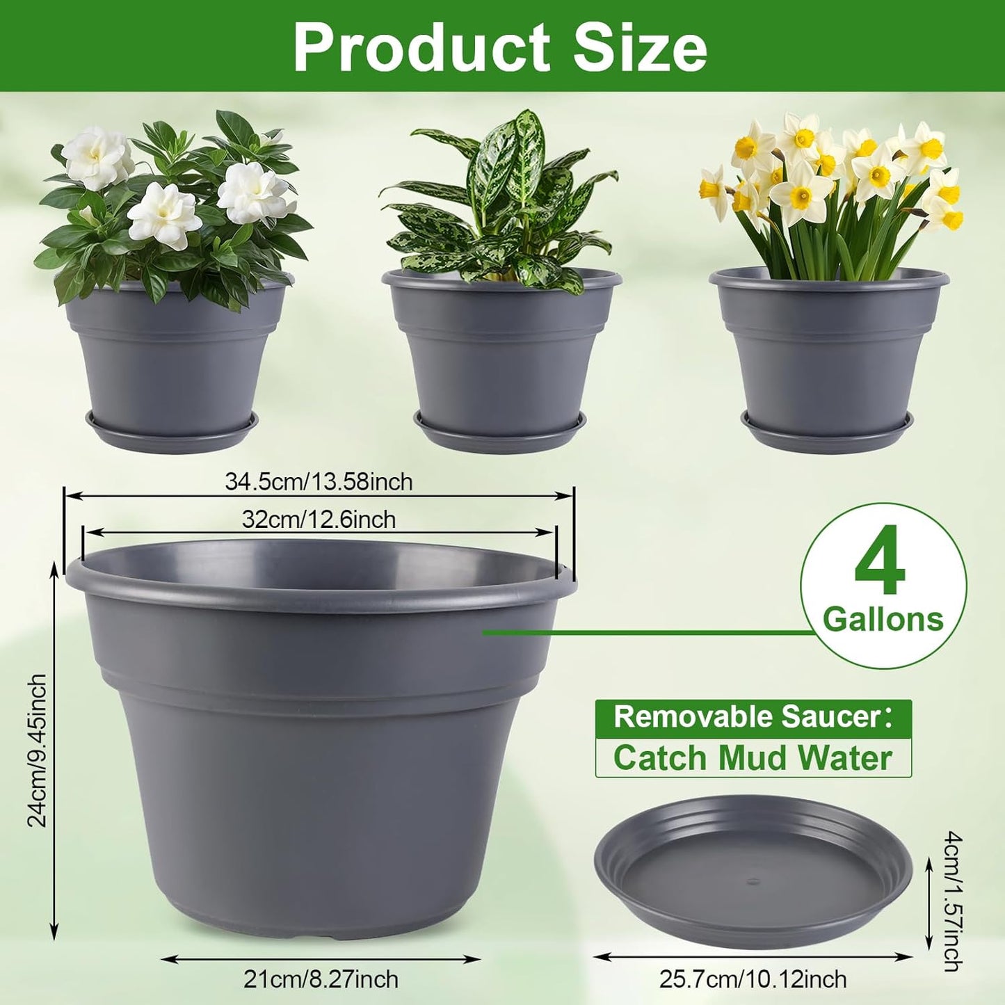 13-inch-Plant-Pots, 4 Pack Large Planters for Outdoor Plants, Plastic Flower Pots Indoor with Drainage Holes & Trays, Classic Garden Pot Container for House