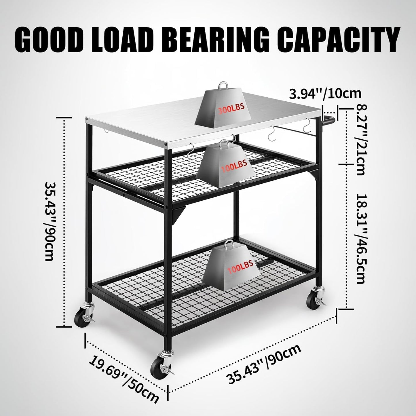 3-Shelf Outdoor Grill Table, Pizza Oven Tables with Waterproof Cover, Movable Dining Cart, Trolley Table with Wheels, Outdoor Kitchen Cooking Prep BBQ Cart for Home Party, Bar,Camping