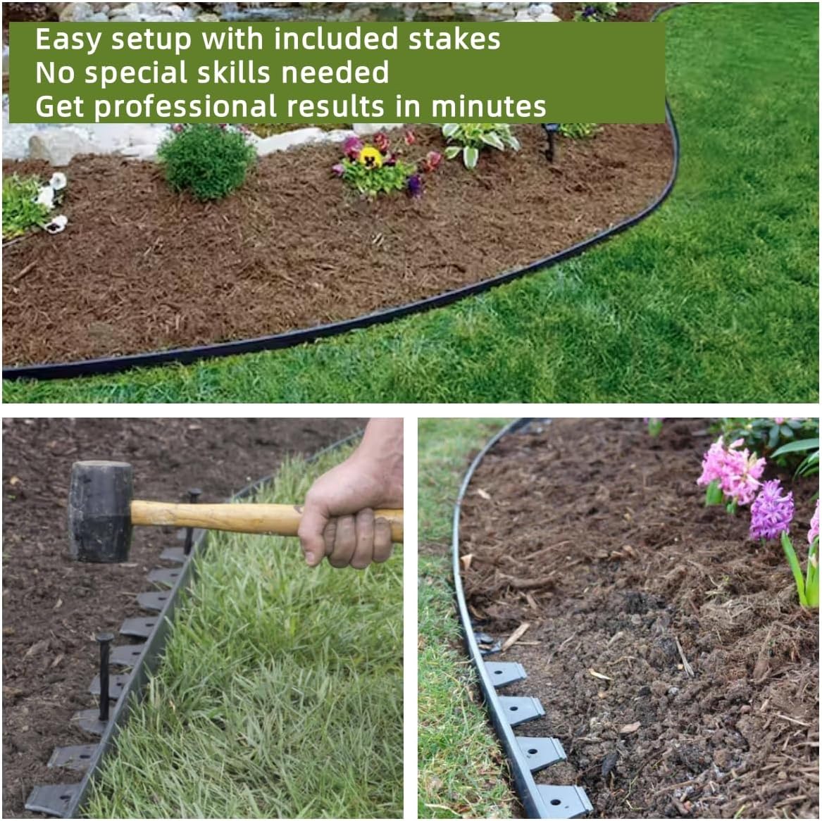 2 Inch Tall No Dig Durable Garden Landscape Edging Kit, Black Plastic Lawn Border with 24pcs Anchoring Spikes for Landscaping, Flower Gardens, Lawn (20FT+ 24pcs Anchoring Spikes)