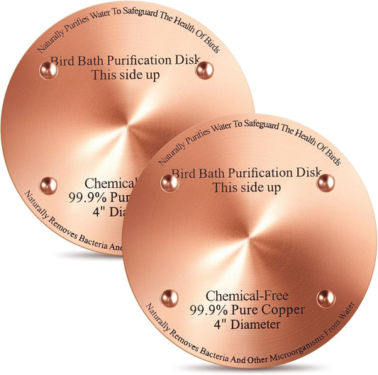 2 Pcs Bird Bath Copper Disk, 0.6mm Thick Reinforced 99.99% Pure Copper Birdbath Purification Disk, with 4 Point Support for Outdoor Birdbaths Bowls Cleaner, 4 Inch (Classic)