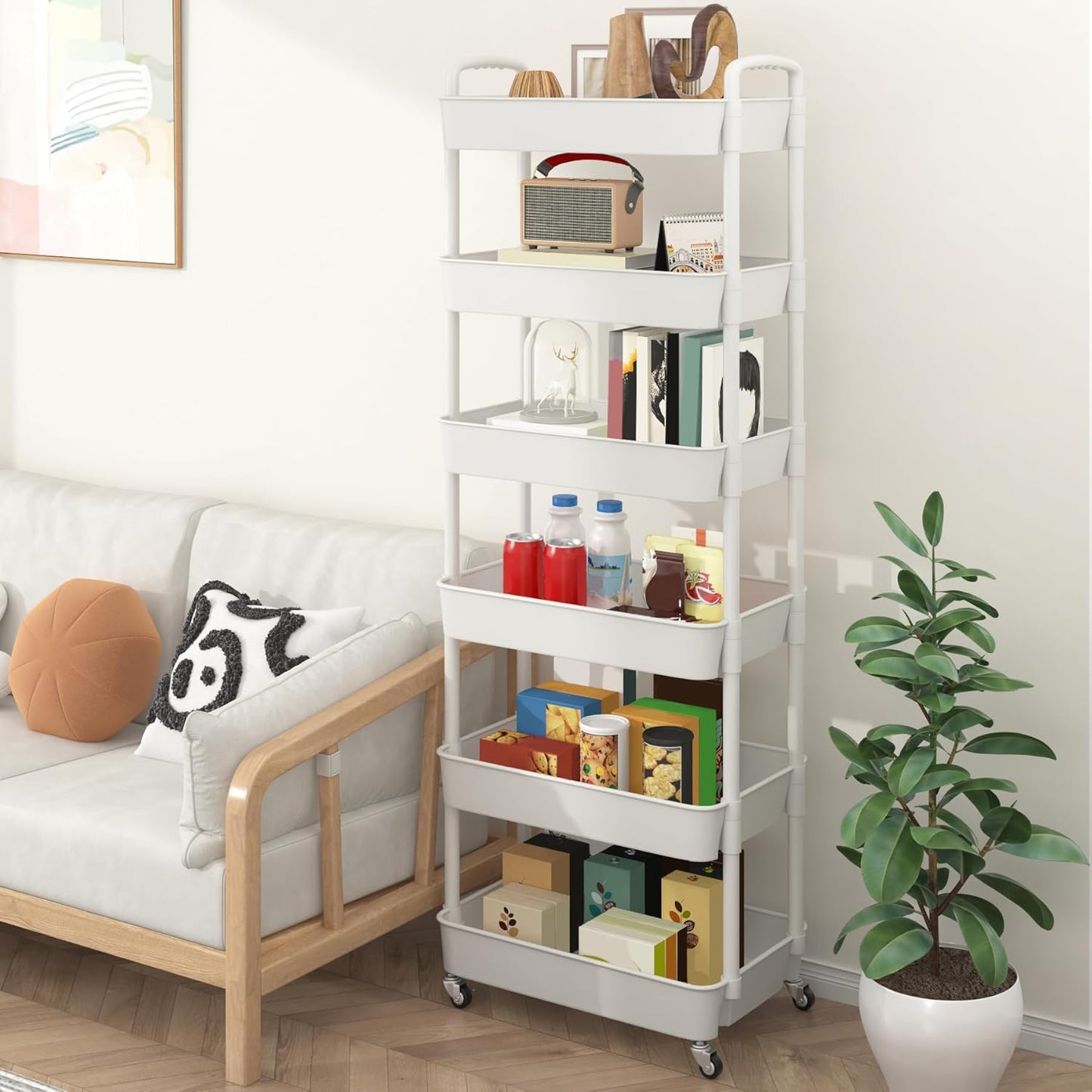 Sywhitta 6-Tier Plastic Rolling Utility Cart with Handle, Multi-Functional Storage Trolley for Office, Living Room, Kitchen, Movable Storage Organizer with Wheels, White