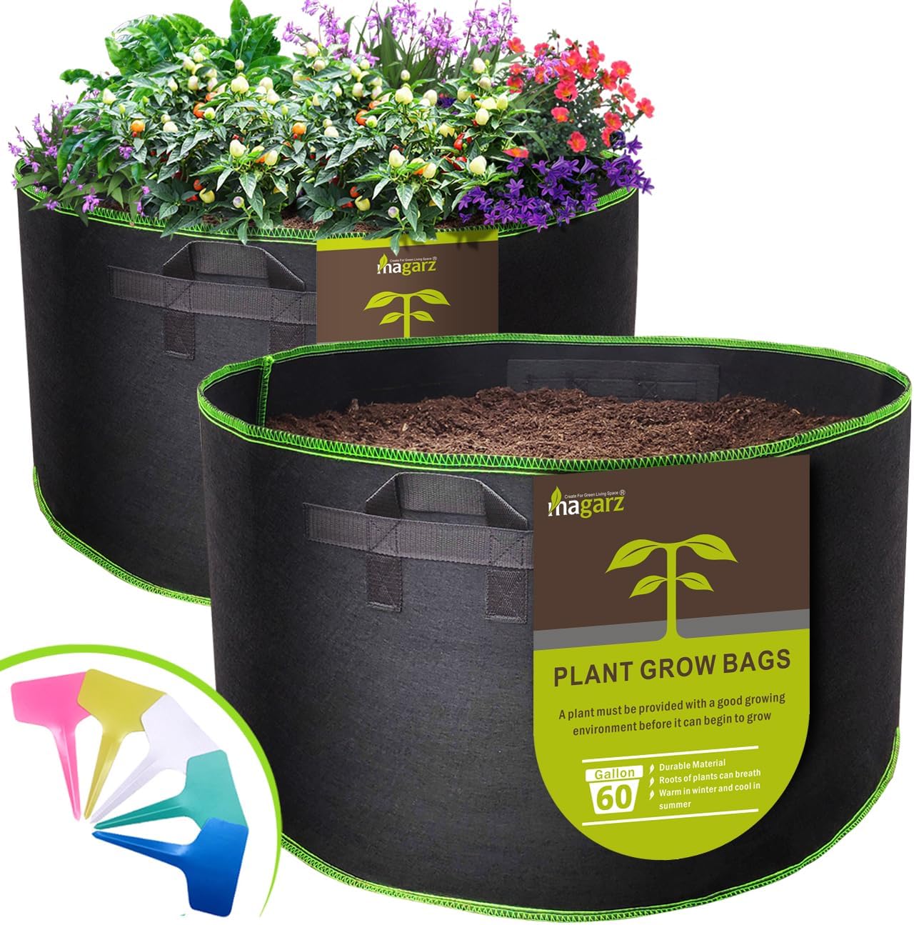 2-Pack 60 GallonFabric Flower Pots Garden Felt Grow Bags with Handle (Black)