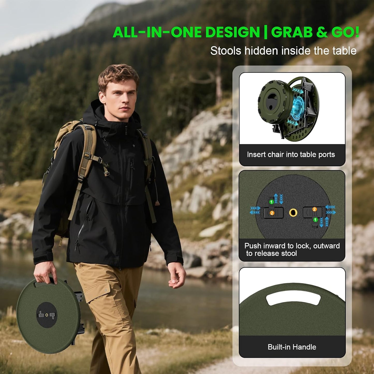 LED Camping Table Set with Stools, 300lbs Capacity Adjustable Height Folding Table & Chairs, All-in-One Compact Design for Outdoor, Camping, Picnic, Tailgating