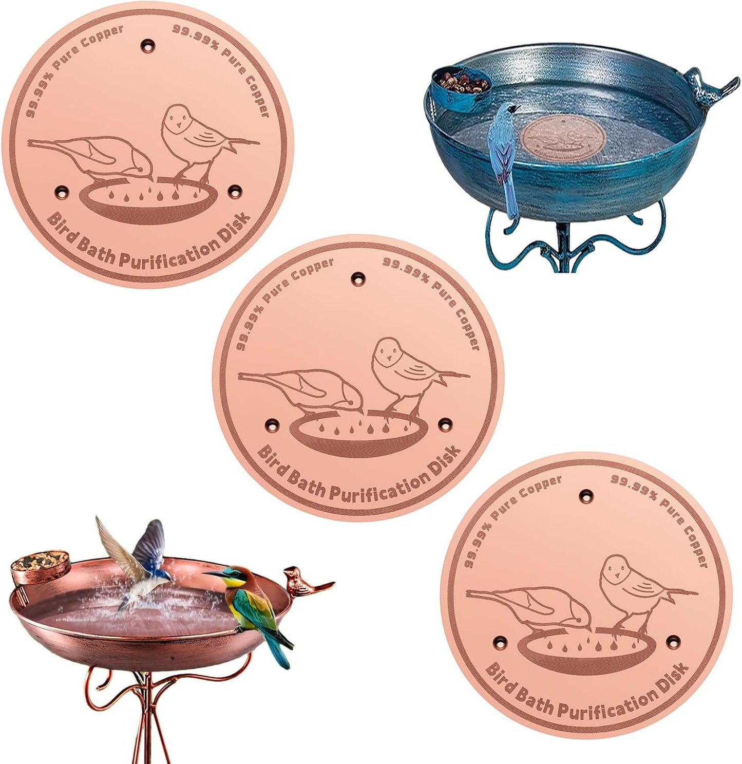3-Pack 99.99% Pure Copper Bird Bath Purification Disk,Copper Disc with Stable Triple-Point Support,Fits All Outdoor Bird Baths(Round)