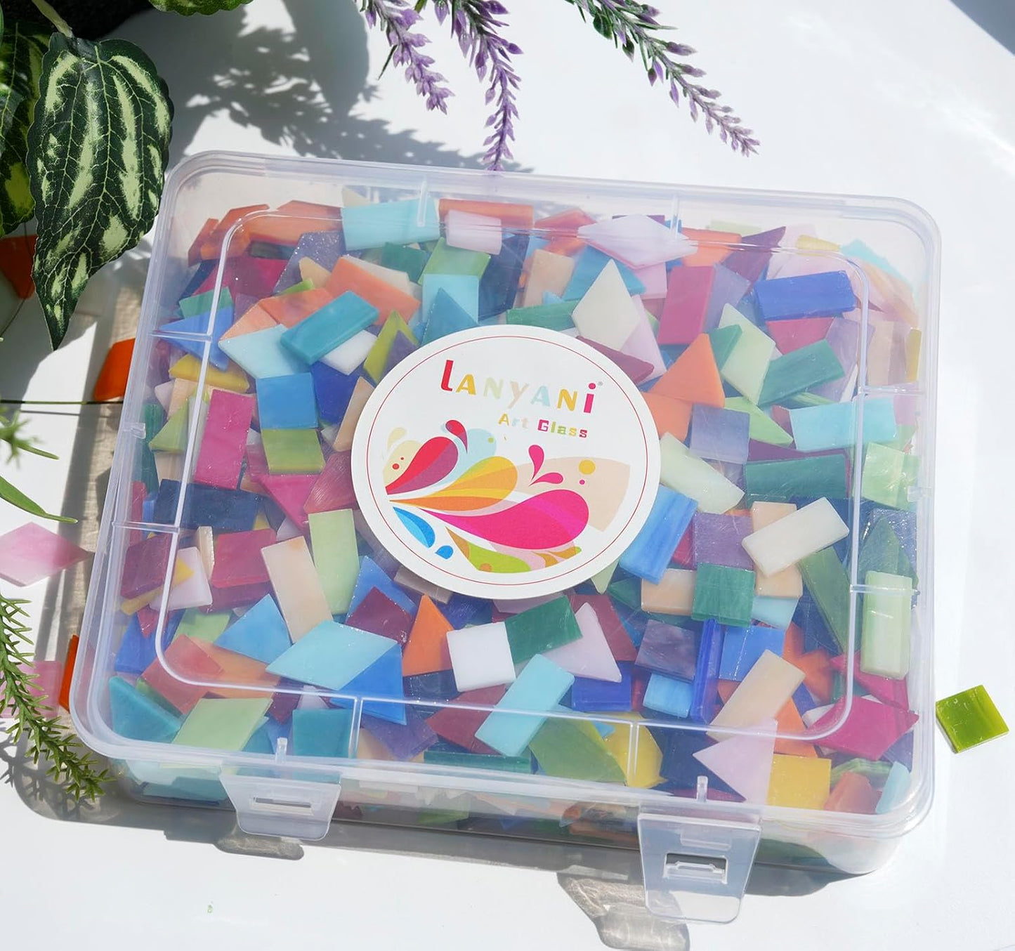 Lanyani Medium Size Glass Mosaic Tiles Pieces 1.3 Pounds Bulk, 400pcs Mixed Vibrant Color Stained Glass Pieces Tile for DIY Crafts Mosaic Making, Pre-Cut Tiles in 4 Shapes