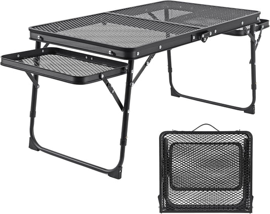 Camping Table Grill Table with Table Extension Board Adjustable Height Folding Tables Mesh Top Portable Grill for Outdoor Indoor Beach BBQ Picnic Travel RV Black