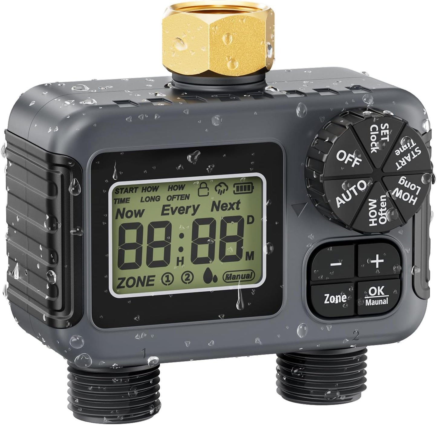 HIRALIY Sprinkler Timer, Water Timer for Garden Hose 2 Zone, Programmable for Watering, Automatic Irrigation System for Yard Lawn, Brass Connector, IP5 Waterproof