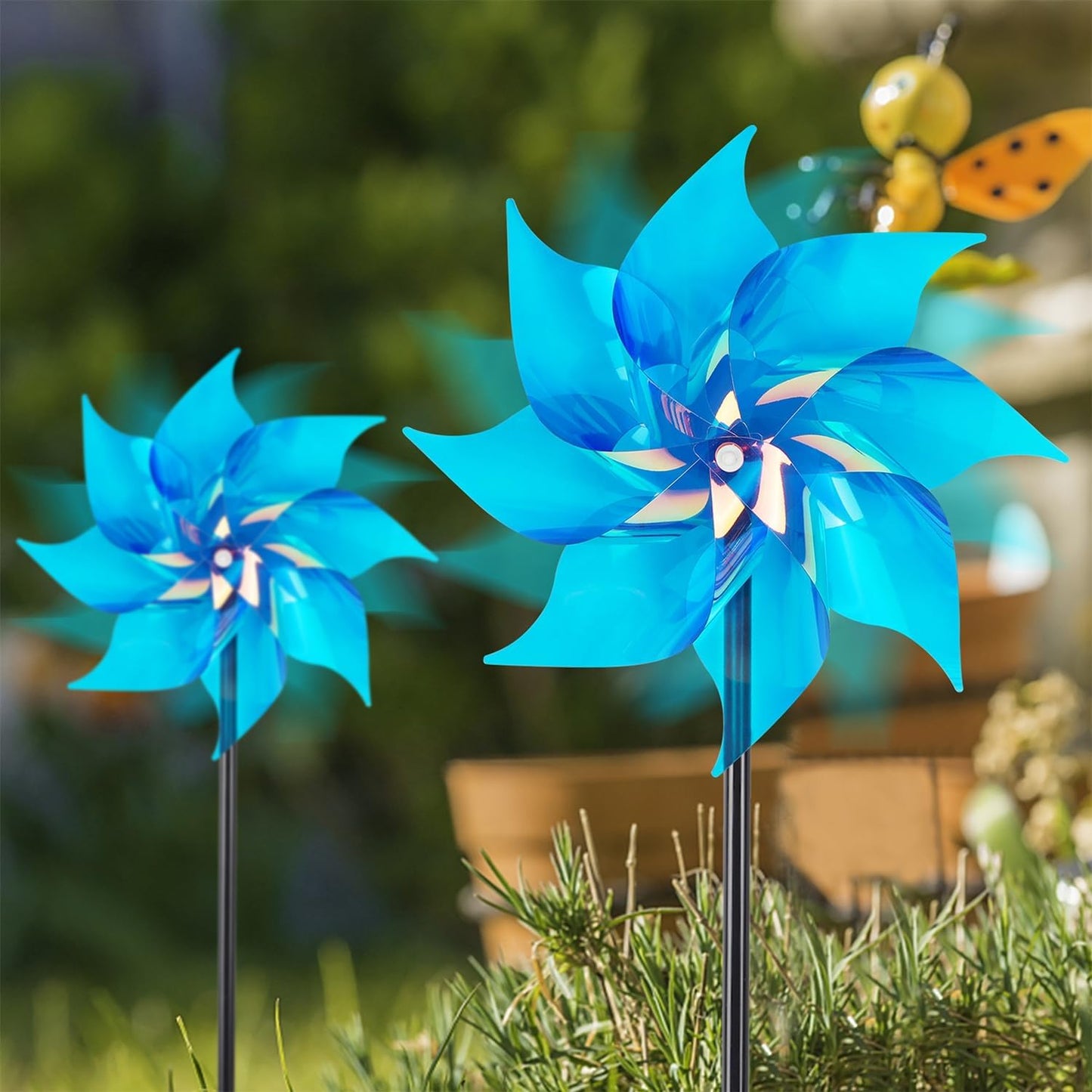 Hausse 10 Pack Reflective Pinwheels Wind Spinner, Extra Sparkly Pinwheel with Stakes, Bird Repellent Blinder Devices Deterrent to Scare Birds Away from Yard Patio Farm Garden, Transparent Blue