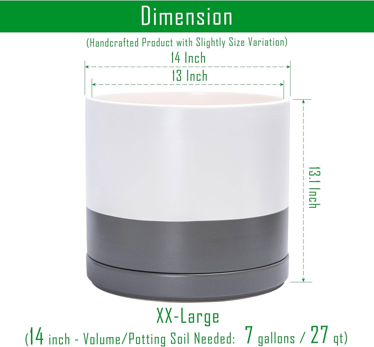 D'vine Dev 14 Inch Ceramic Planter Pot with Drainage Hole and Saucer, Indoor Cylinder Round Planter Pot, White/Speckled Grey, 94-O-G-6