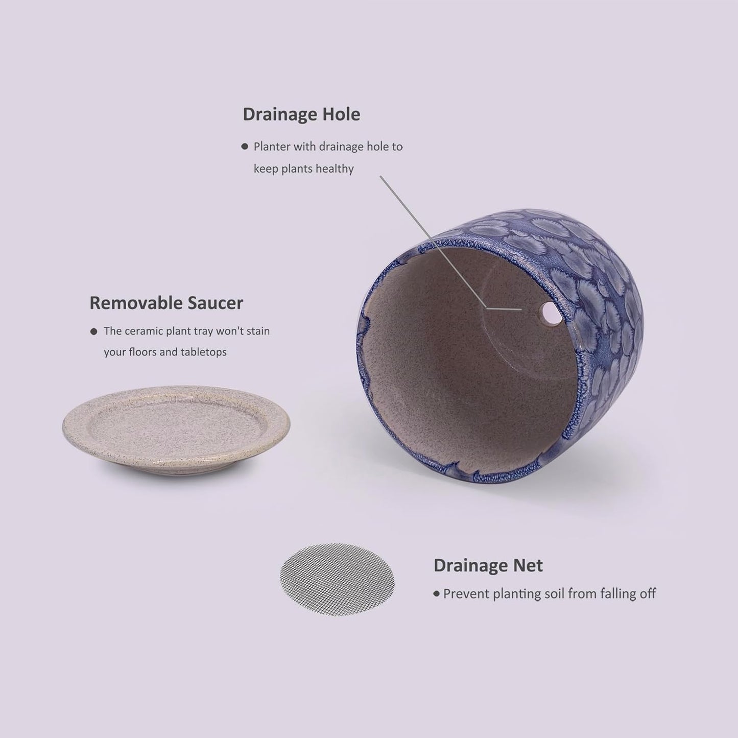 6 in Ceramic Plant Pot with Saucer，Indoor Plant Pot for Plants, Flower Pot with Drainage，Reactive Glaze Blue