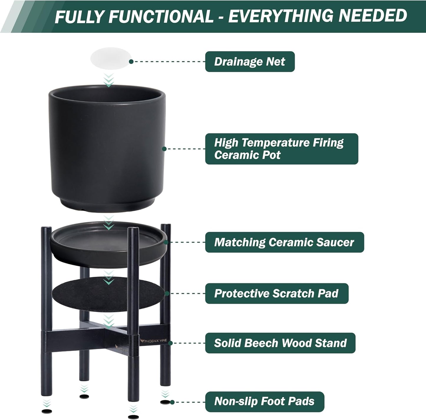 D'vine Dev Ceramic Planter with Ebony Stand - 10 Inch Modern Round Flower Pot with Wood Planter Holder, Black, 55-B-L-2