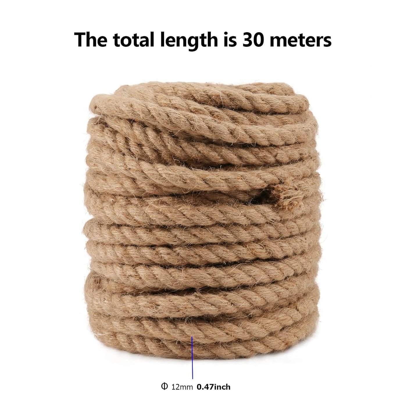 100 Feet 1/2 Inch Thick Natural Jute Rope, 12mm x 30m Strong Hemp Rope, Thick Twine Rope for Gardening