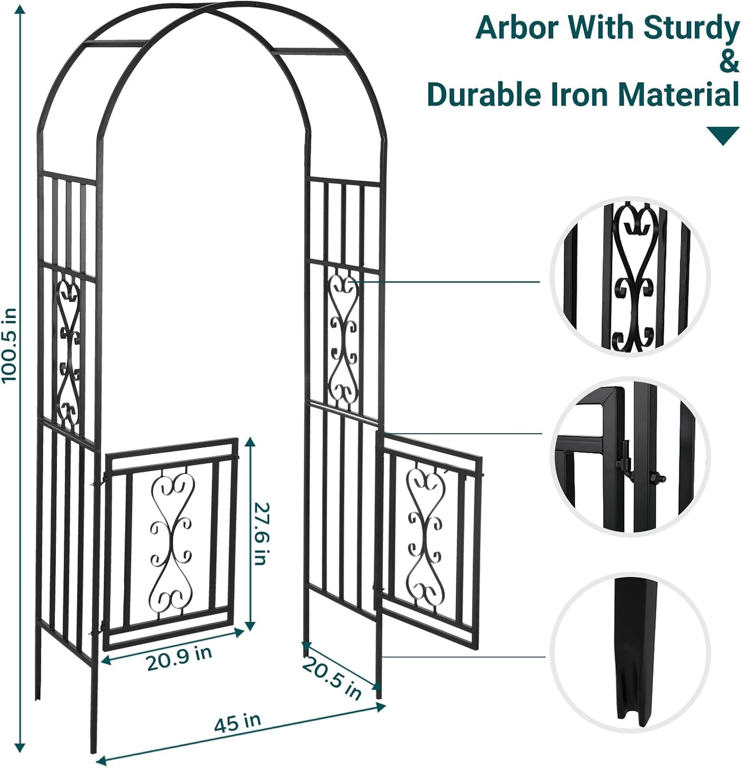 Heavy-Duty Arch with Gate, Iron Arbor Trellis Arbor Archway for Climbing Plants Roses Vines Support Rack, Outdoor Lawn Backyard Patio Wedding Party Ceremony Decoration