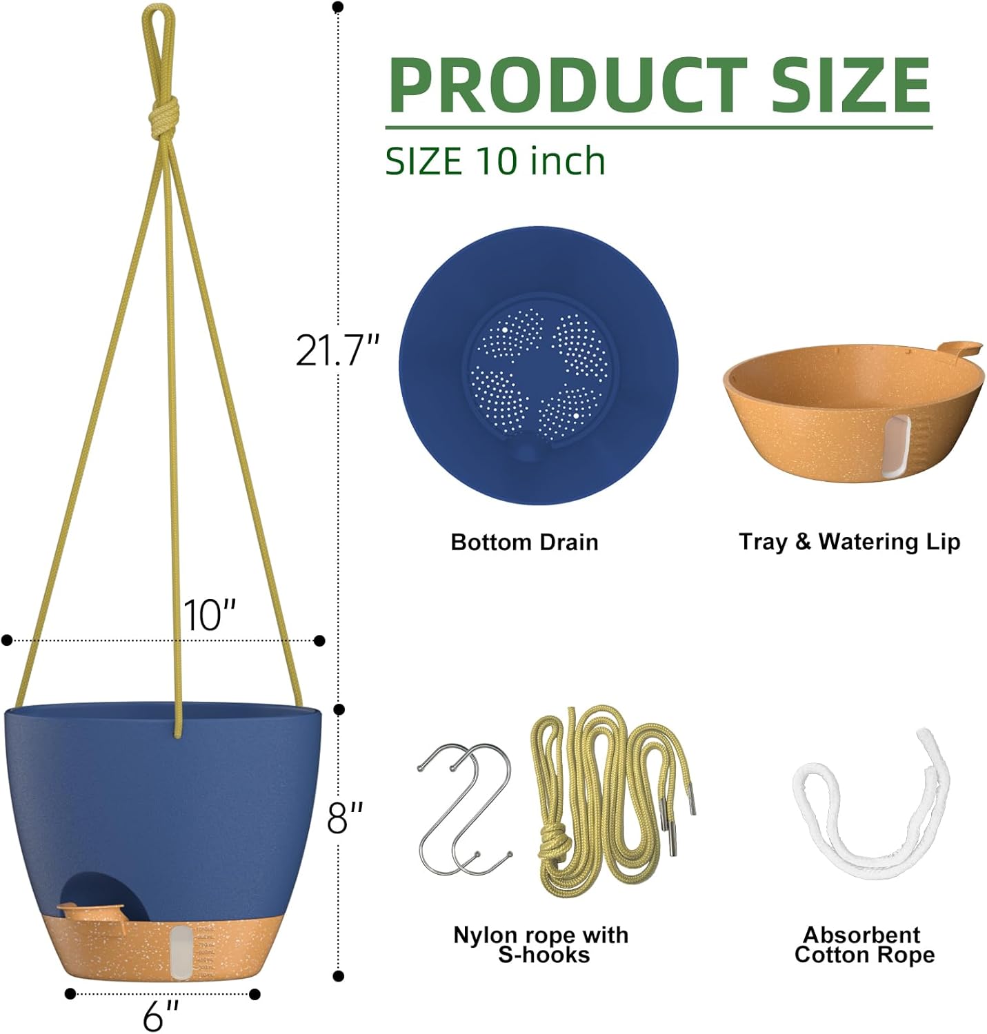 ZMTECH 10 Inch Hanging Planters for Indoor Outdoor Plants, 2 Pack Self Watering Hanging Plant Pots with Drainage Holes and Removable Saucer, Plastic Flower Hanging Pots with Watering Lip (Blue)