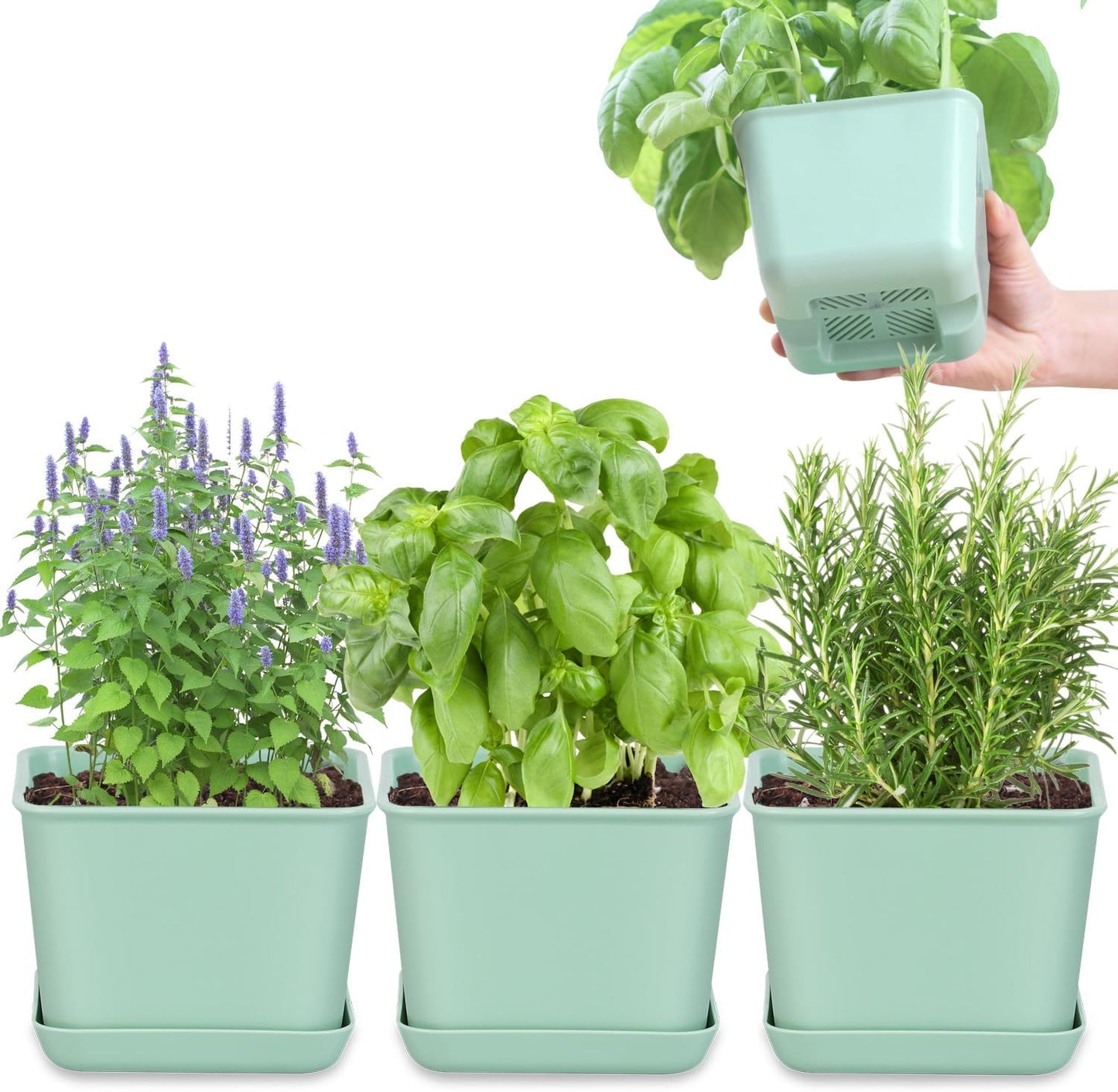 Herb Garden Planter Indoor Kit Pots for Indoor/Outdoor Plants 4 Packs Windowsill Plant Pots with Drainage and Tray, Window Pot for Indoor Plants (Green)
