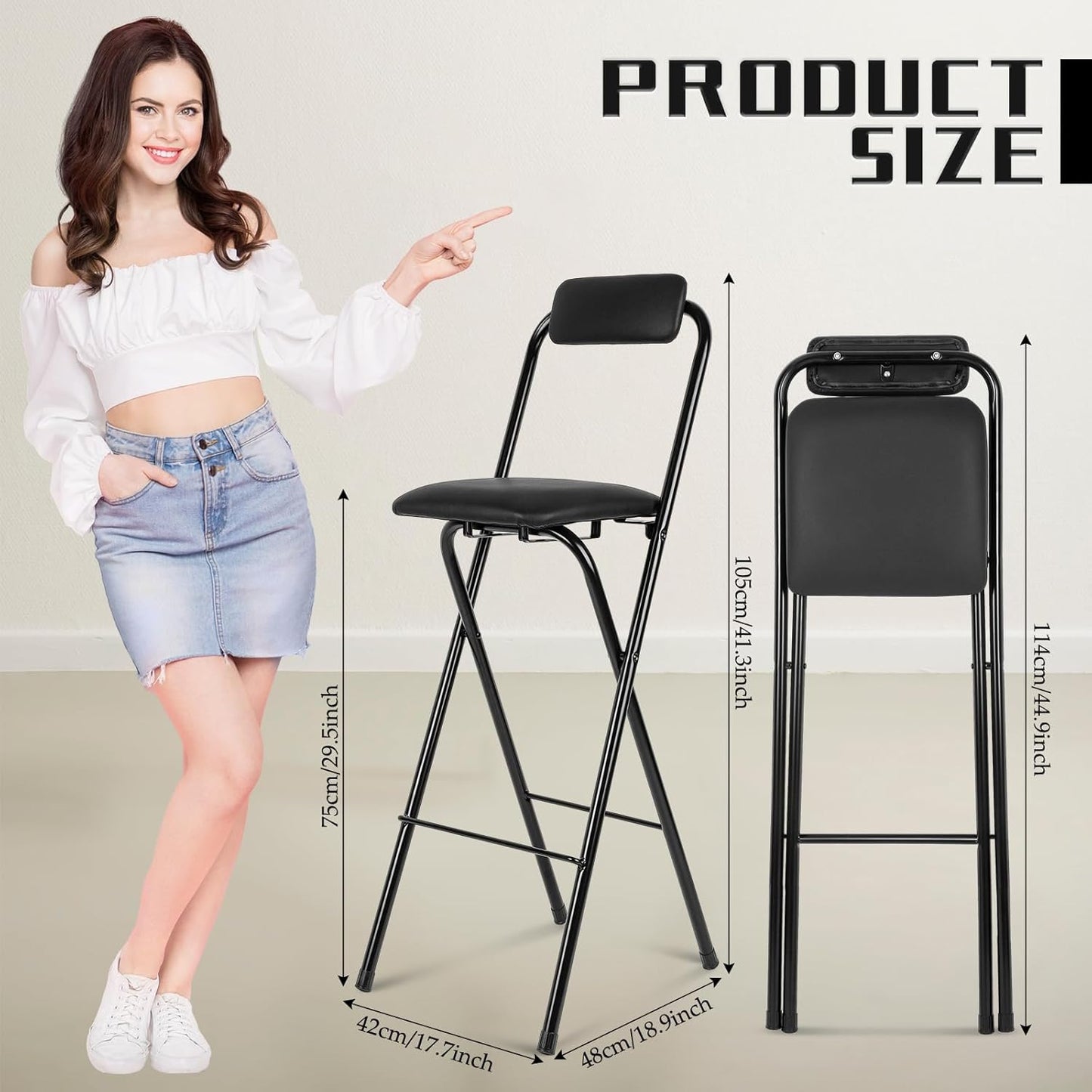 Thyle 1 Pcs Folding Bar Stool with Backrest, Tall Foldable Stool Chair Portable High Folding Bar Chair Counter Height Seat Leather Padded for Kitchen Island Shop Cafe Dining Room Black (29.5 Inch)
