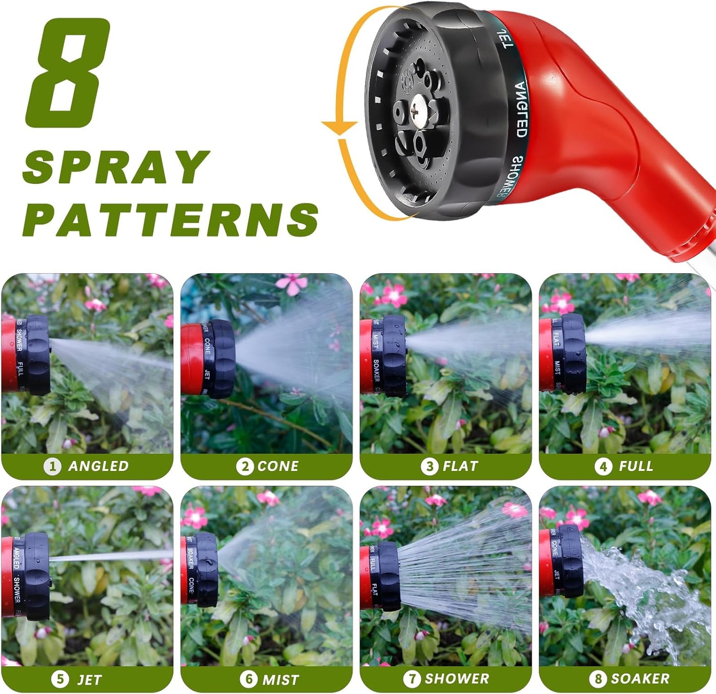 GREEN MOUNT Watering Wand, Heavy Duty Garden Hose Wand with 8 Spray Patterns, 16-Inch Hose Sprayer Nozzle with Flow Control, Ideal for Lawn and Garden Use, Red