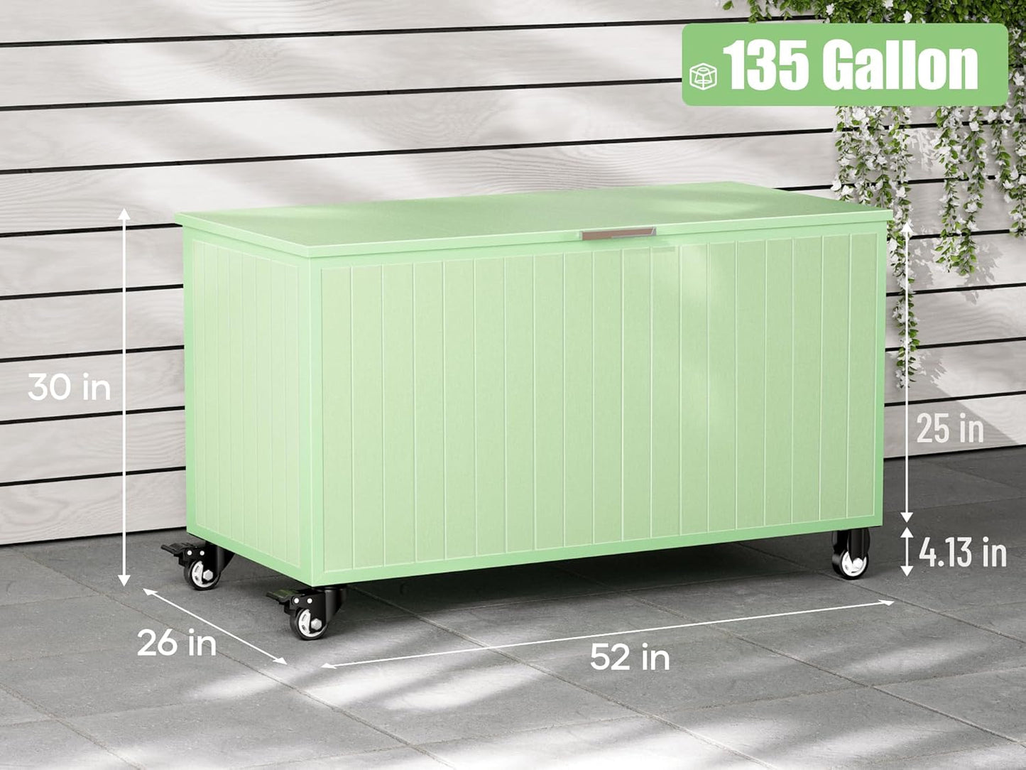 135 Gallon Outdoor Storage Box with Swivel Wheels, Waterproof Aluminum & Polylumber Deck Box, Patio Storage Box with Lid for Patio Furniture, Garden Tools, Outdoor Cushion
