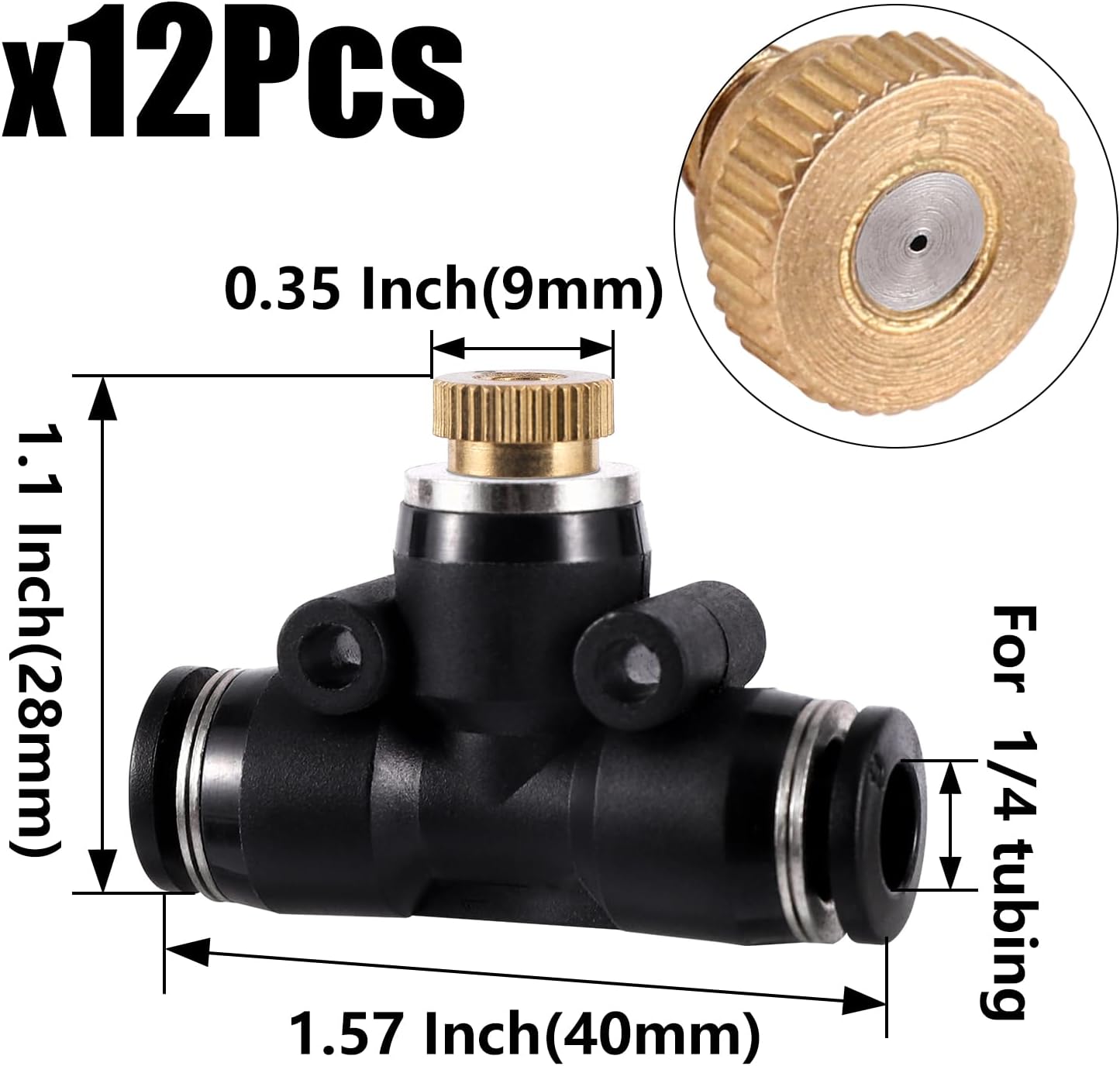 12 Pack Brass Misting Nozzles Outdoor Cooling System with 12 Heavy Duty Misting Nozzle,12 Tees,2 Brass Plugs,2 Black Plugs for Outdoor Cooling system