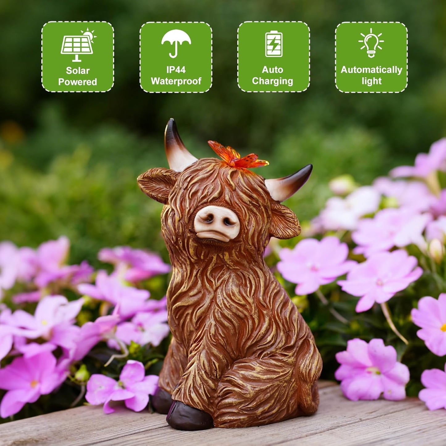 Solar Garden Statue Highland Cow Figurine – Outdoor Decoration with Butterfly for Garden Yard Lawn Home Decor Outside : Unique Gifts for Mom Grandma