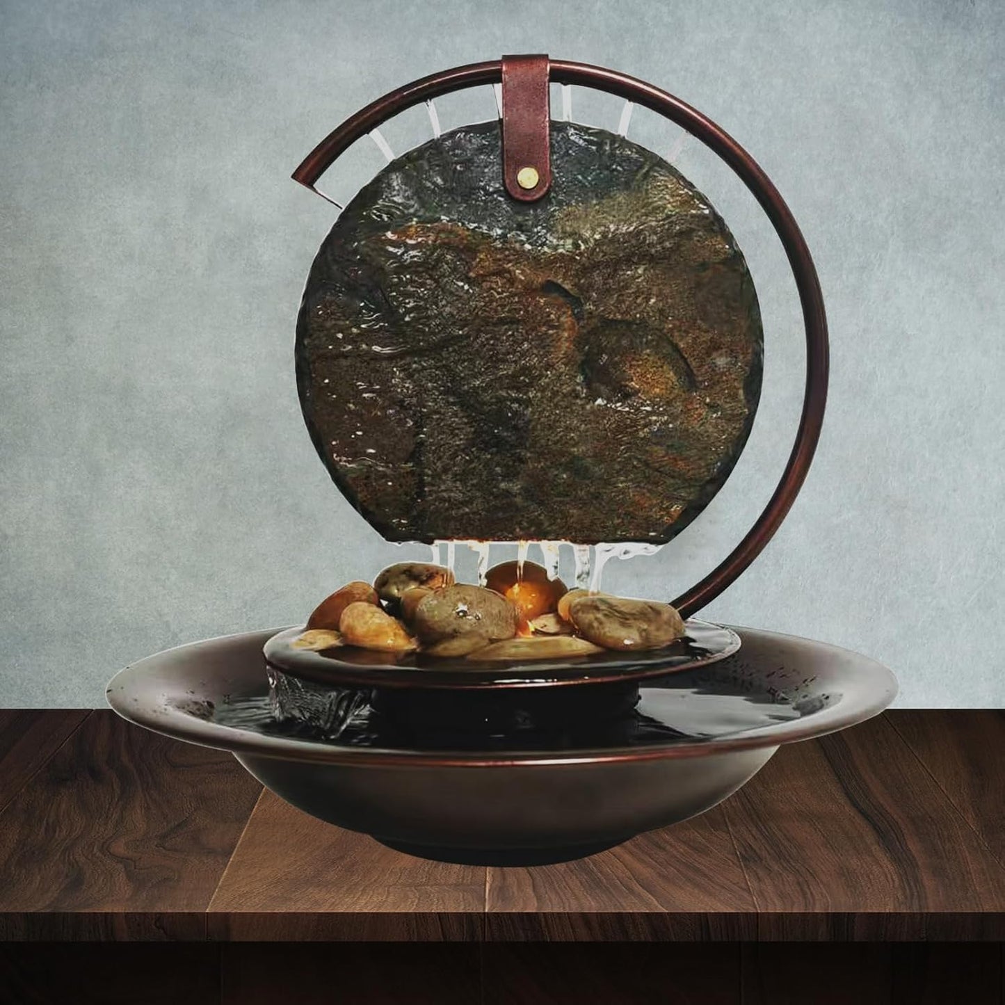 Indoor Tabletop Waterfall Moon Fountain, Home Décor Soothing Rain Sound Meditation Relaxing Fountains, Nature Slate Water Feature with Light for Room Office Desktop Decoration-13 Tall