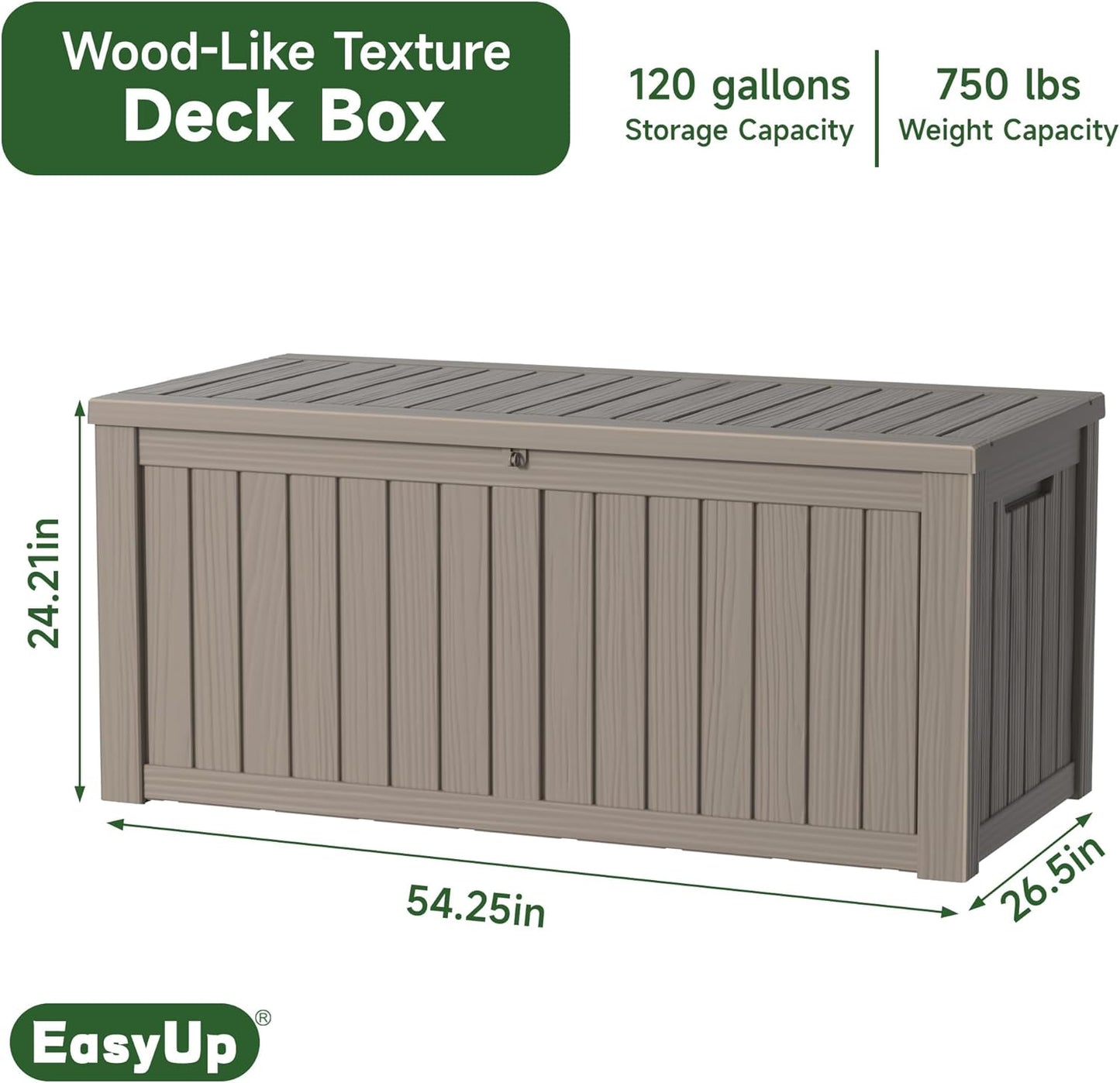 120 Gallon Outdoor Storage Box Waterproof, UV Resistant Resin Deck Box with Hydraulic Rod, Reinforced Stability for Patio, Garden, and Pool, Striped Gray