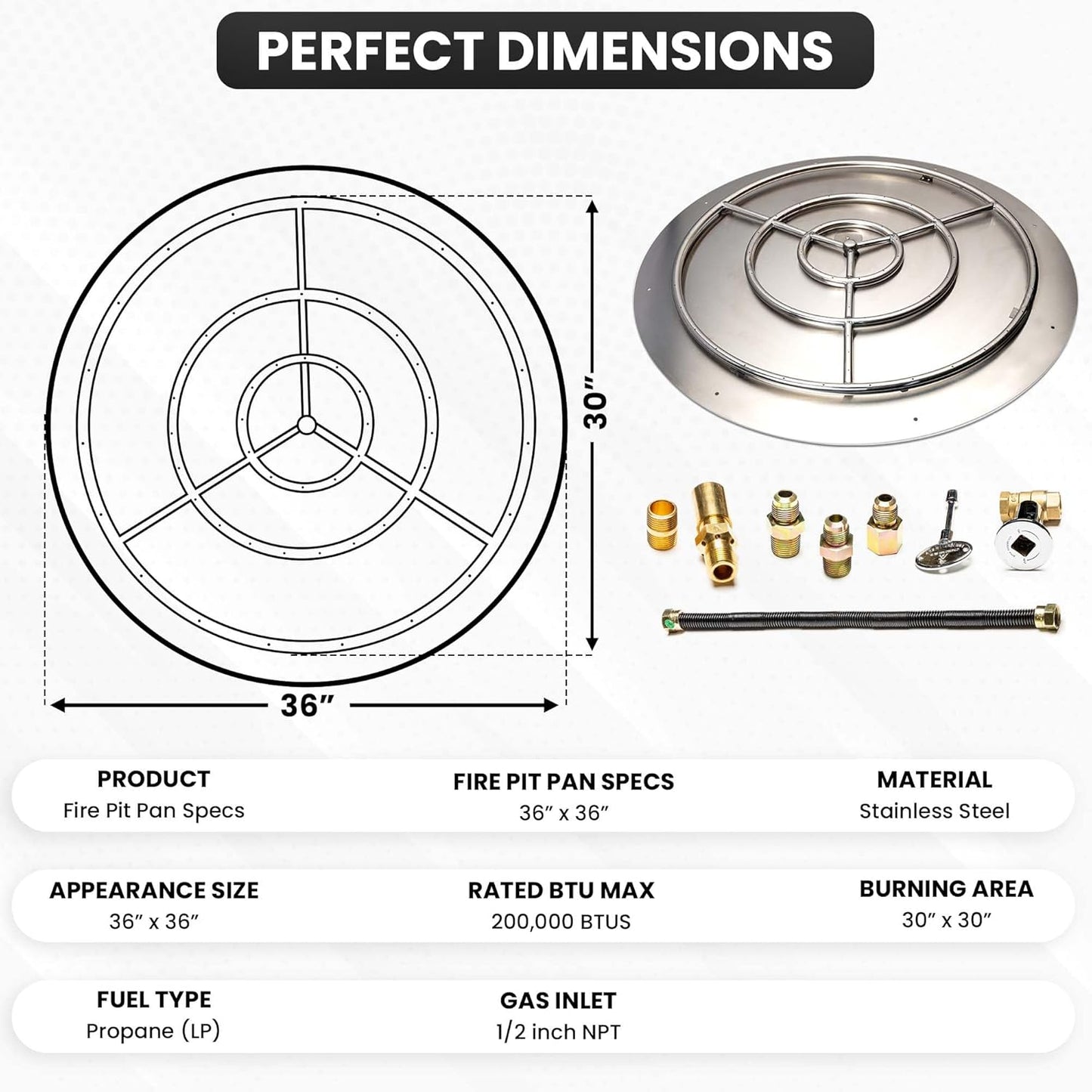 Fire Pit Burner Pan & Ring - Works with Liquid Propane - Stainless Steel Fire Pit Burner Kit 36-Inch Pan, 30-Inch Ring - 200,000 BTU Max
