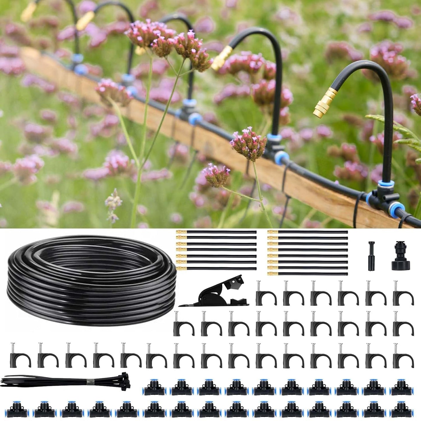 360° Automatic Drip Irrigation Kit - 5/16'' Tubing, Adjustable Universal Spray Nozzle, Copper Atomizing System for Garden/Lawn/Greenhouse - Multi-Directional Rotation, Quick Connectors, 82FT