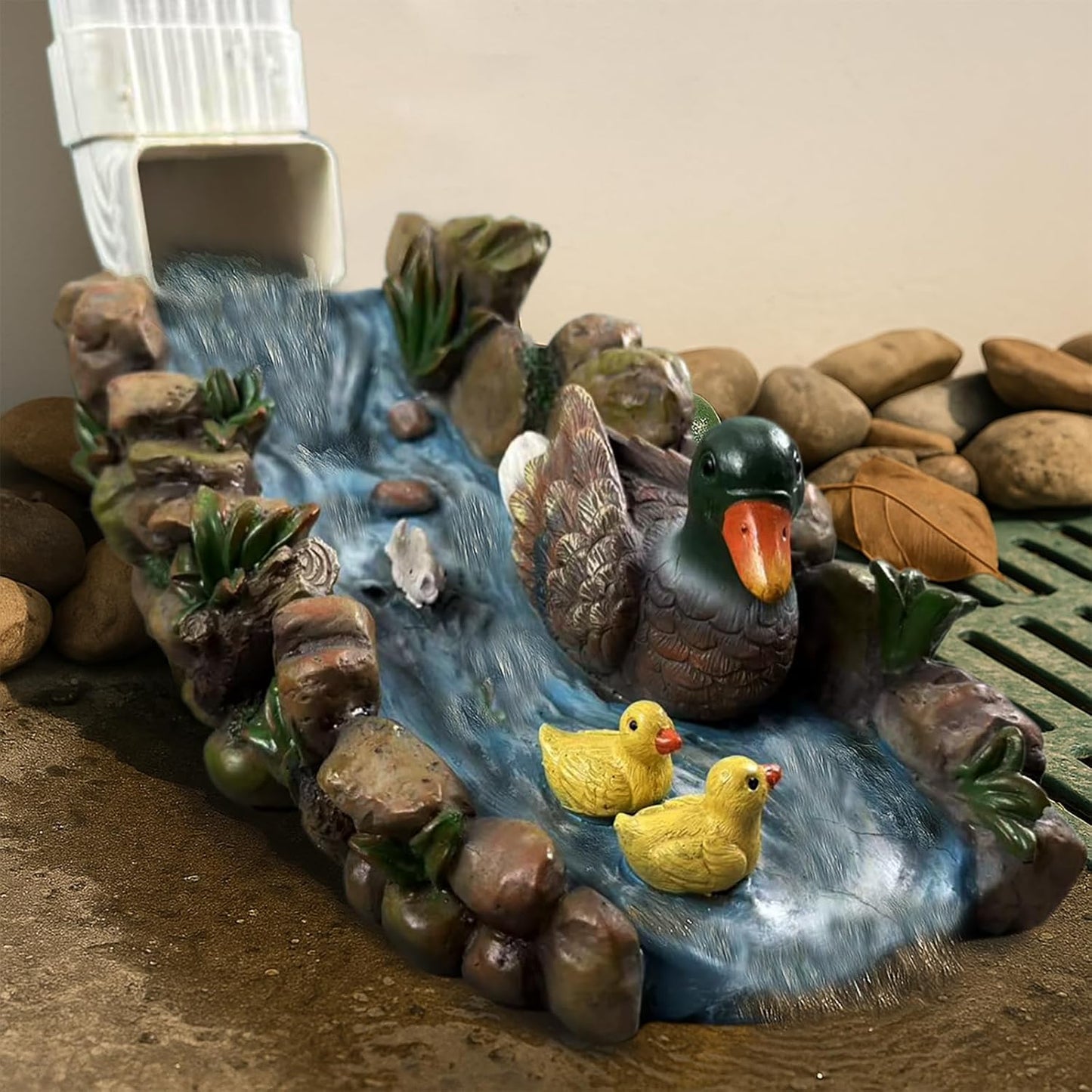 Ducks Splash Block - Decorative Resin Gutter Downspout Diverter, 13.3” x 6.3” x 5.9”, Durable Water Flow Protector for Yard, Garden & Patio, Functional Outdoor Ducks Statue for Rainwater Drainage