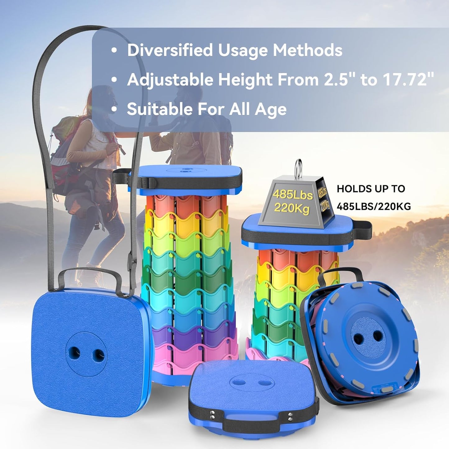 Upgraded Collapsible Stool, Portable Folding Stool, Telescoping Camping Chair with Max Load Capacity 485lbs, Square Retractable Stool for Camping Gardening Fishing Hiking BBQ [Rainbow+Blue]