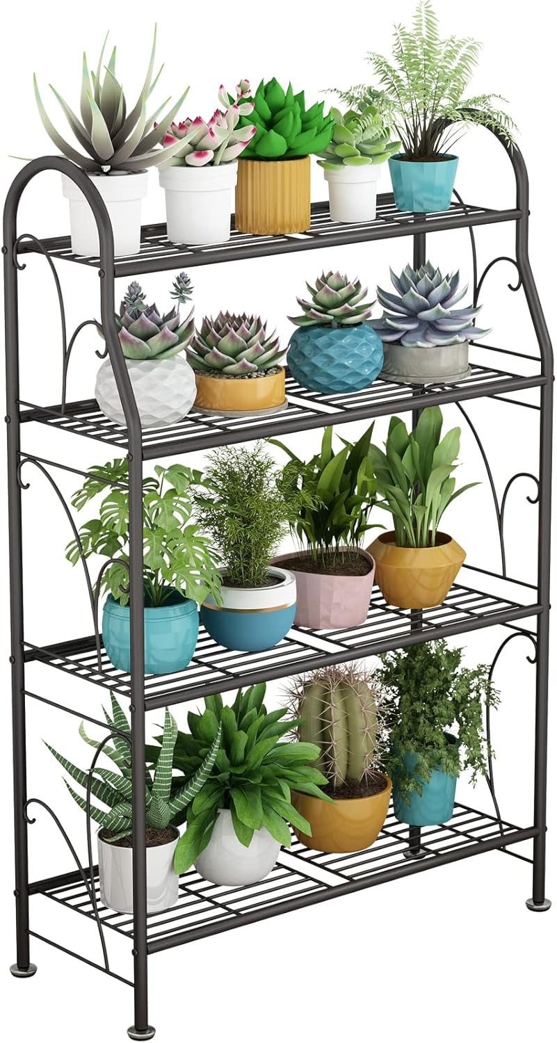 SORCEDAS Plant Stand Indoor Outdoor Plant Shelf 4 Tier Metal Corner Flower Stand Multiple Holder for Patio Garden Balcony Living Room, Dark Grey