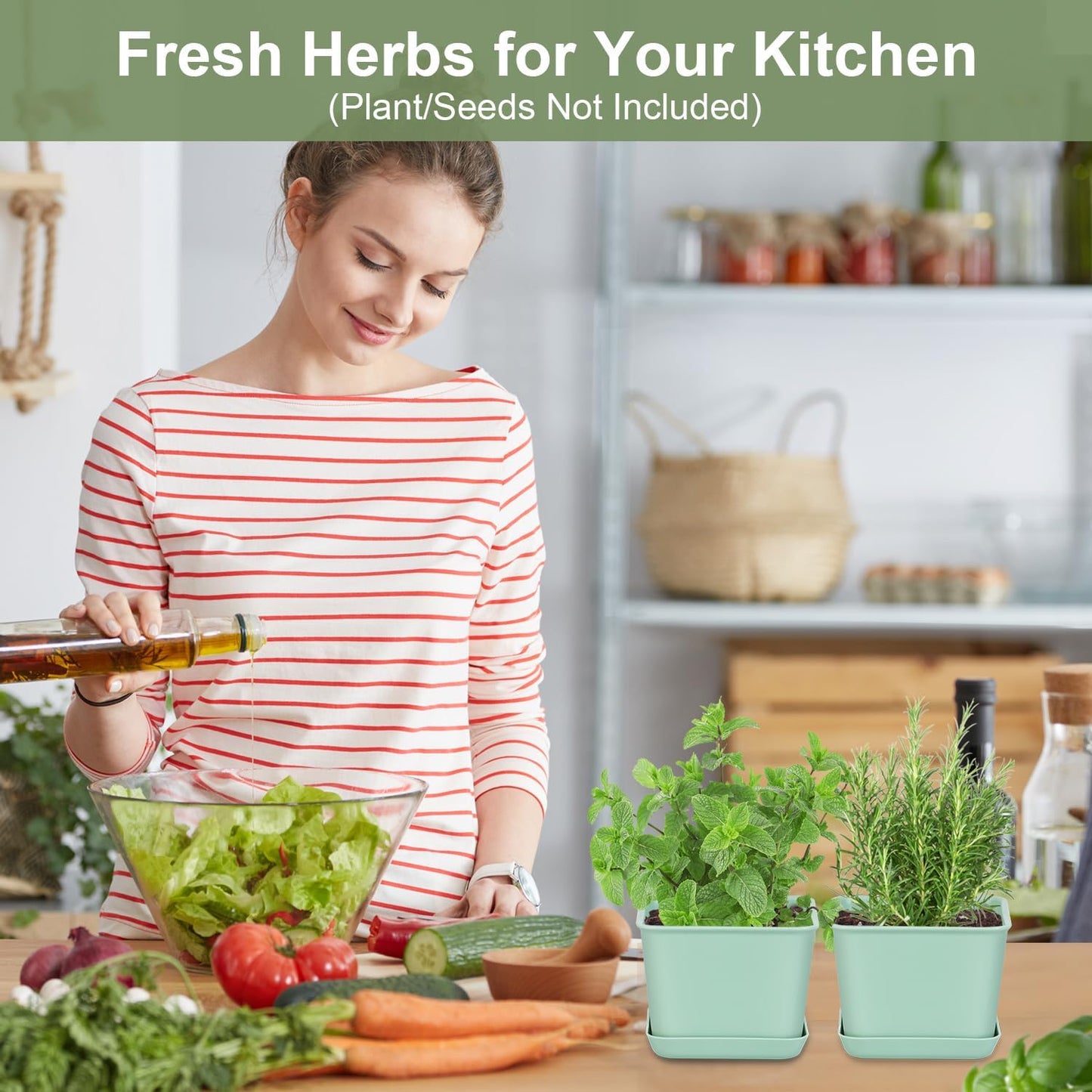 Herb Garden Planter Indoor Kit Pots for Indoor/Outdoor Plants 4 Packs Windowsill Plant Pots with Drainage and Tray, Window Pot for Indoor Plants (Green)