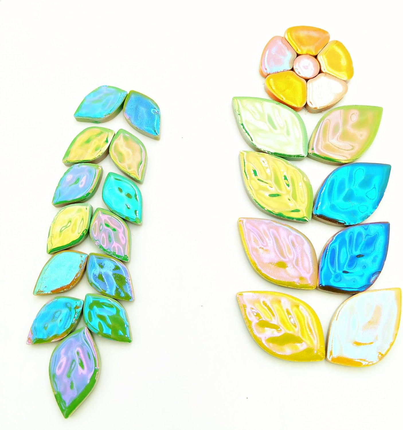 500g/1.1lb Random Color Iridescent Flowers & Leaves Ceramic Mosaic Tiles, DIY Making Creative Mosaic Tiles for DIY Craft Plates Flowerpots Vases Cups Mosaic Making Supplies (Flowers + Leaves)
