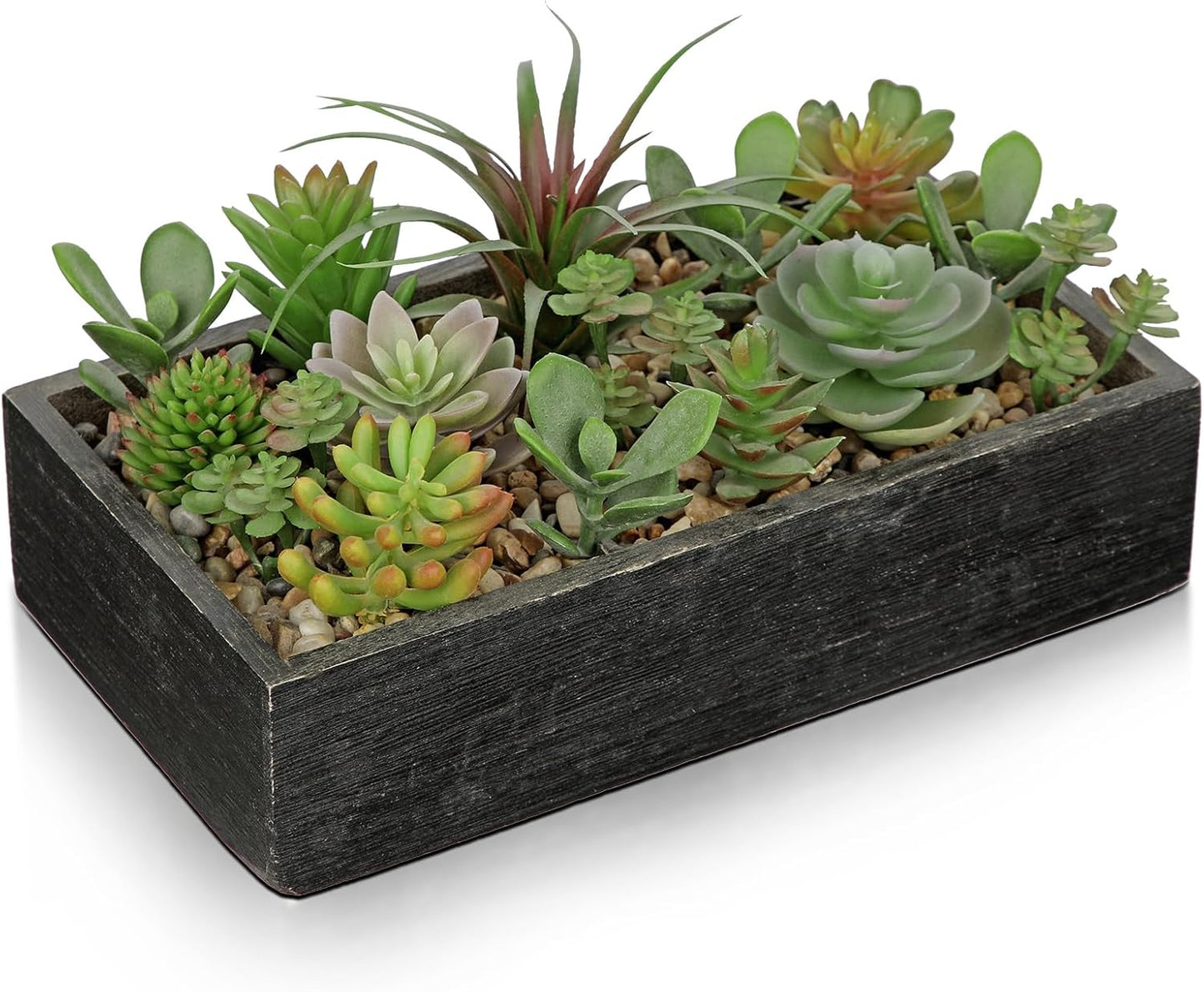 Artificial Succulent Plants in Pot 10 Inch Fake Succulent Arrangement Potted Succulents Plants Centerpiece in Rectangular Wooden Planter for Home Office Desk Shelf Living Room Bedroom Farmhouse Decor