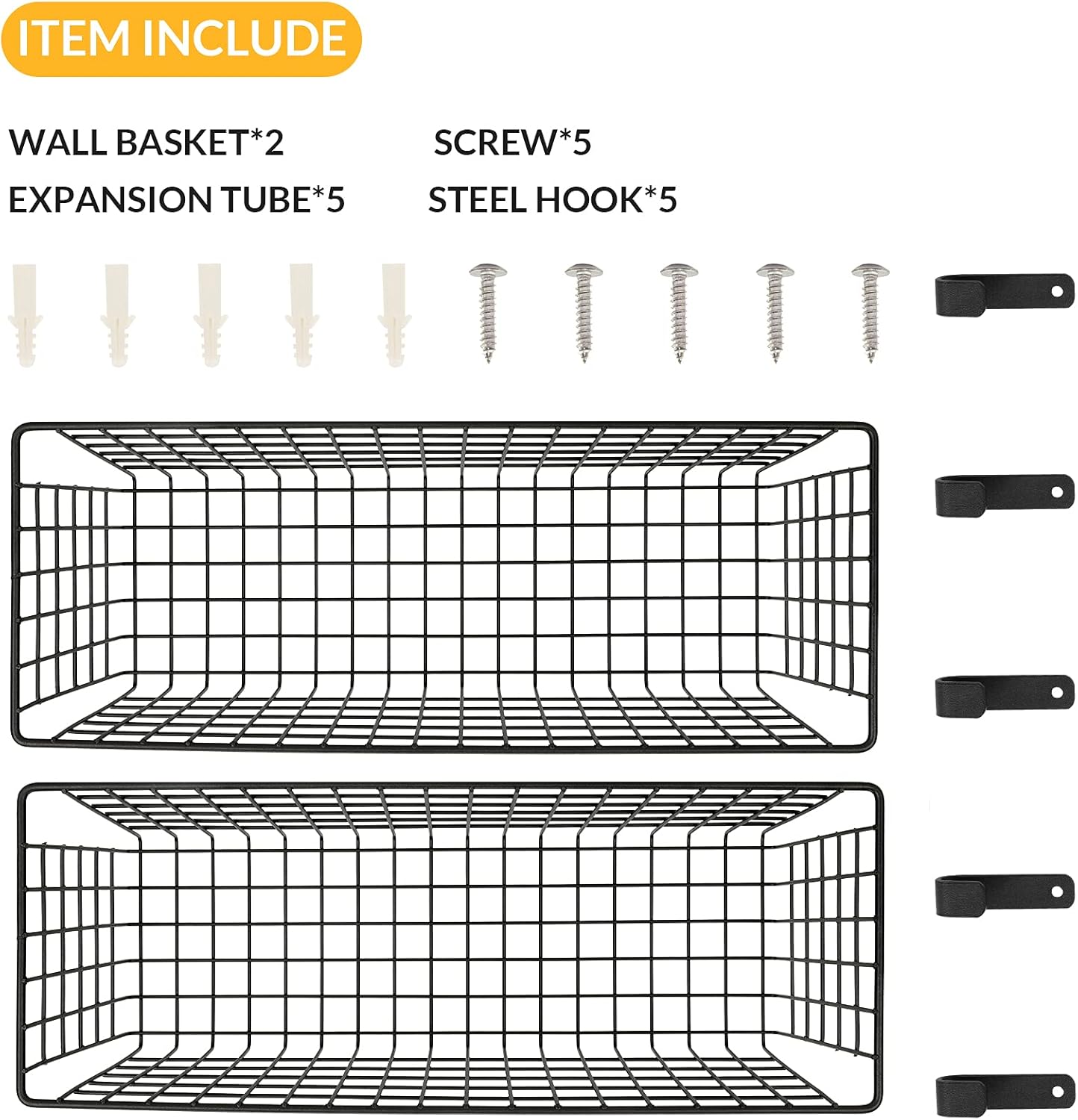 2 Sets Extra Large Hanging Wall Basket, Black Metal Wire Baskets with Steel Hooks for Organizing, WallmountedFruit Vegetable Toy Snack Storage, Home Kitchen Bathroom Laundry Pantry Organizer