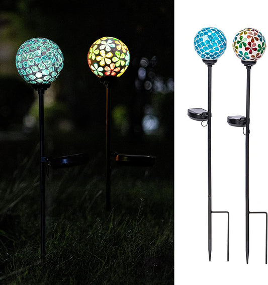 VCUTEKA Solar Garden Lights, Mosaic Solar Light Outdoor Waterproof LED Pathway Stake Light for Landscape Patio Yard Deck Walkway Decoration, 2 Pack
