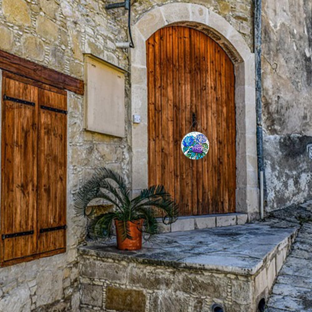 Handmade Hydrangea Flower Stained Glass Suncatcher - Vibrant Window Décor for Home/Garden,Gift-Ready Sun Catcher Art with Hook (Blue, 6.3 * 6.3IN)