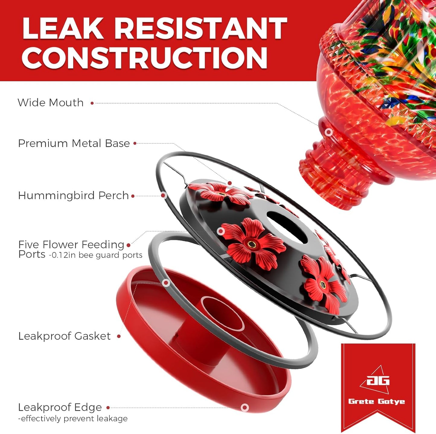 Blown Glass Hummingbird Feeders for Outdoors, 25 Ounces Wild Bird Nectar Feeder with Perch & 5 Flower Feeding Ports Leak Proof Hanging for Garden Backyard Decor, Gifts for Women Mom, Red